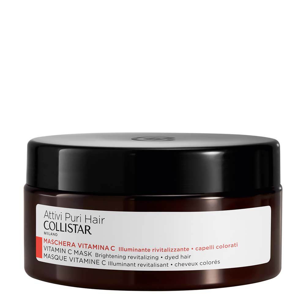 Pot brun avec couvercle noir. Étiquette avec texte: Collistar Masque Vitamin C. Pour cheveux colorés.