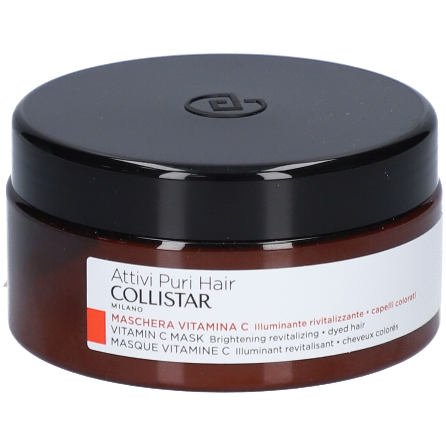 Pot brun avec couvercle noir. Étiquette avec texte: Collistar Masque Vitamin C. Pour cheveux colorés.