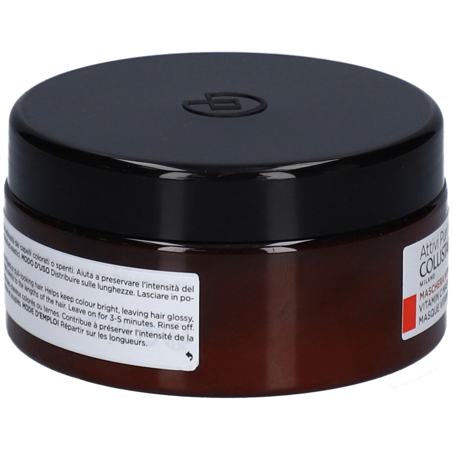 Pot brun avec couvercle noir. Étiquette avec texte: Collistar Masque Vitamin C. Pour cheveux colorés. Dos.