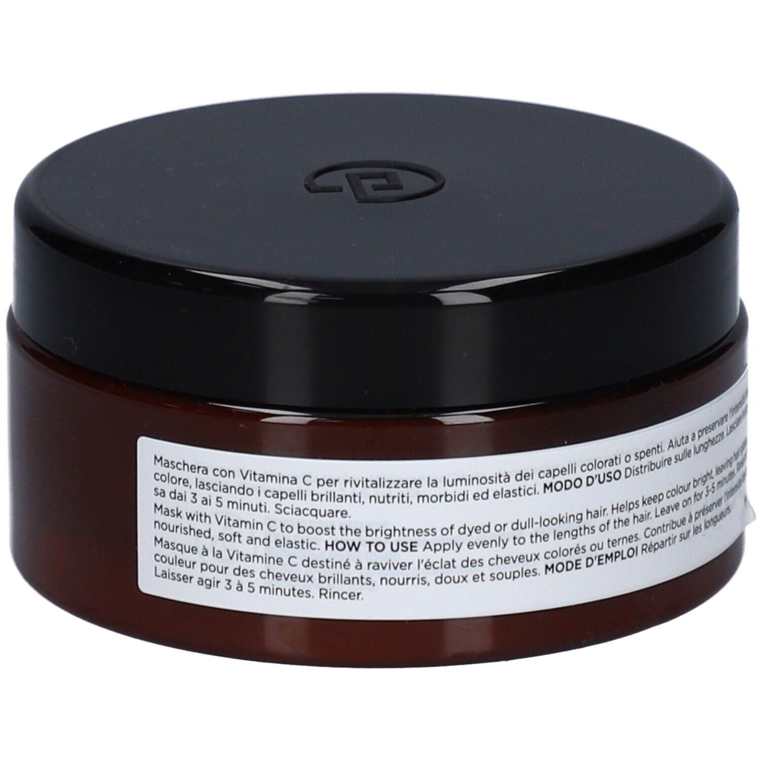 Pot brun avec couvercle noir. Étiquette avec texte: Collistar Masque Vitamin C. Pour cheveux colorés. Dos.