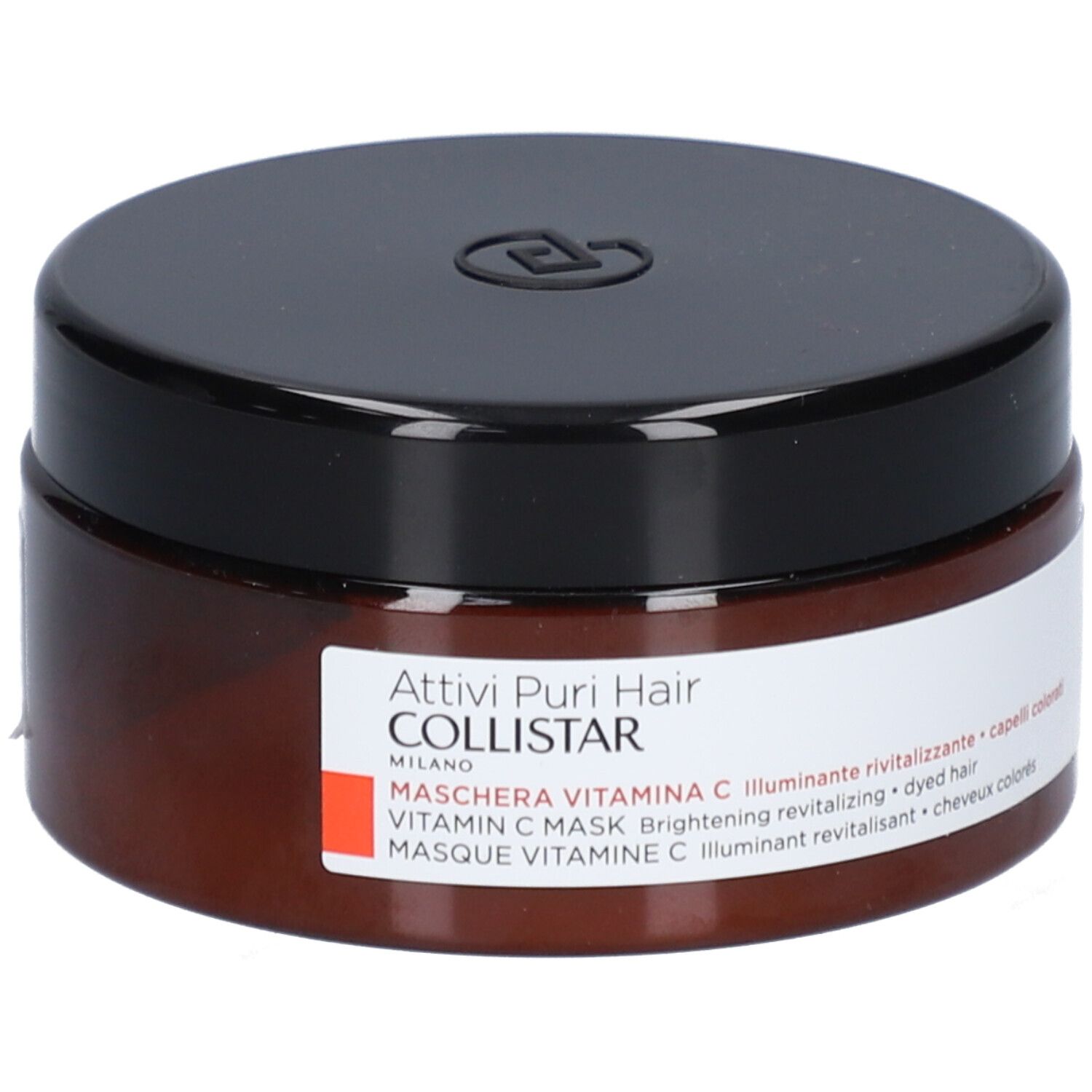 Pot brun avec couvercle noir. Étiquette avec texte: Collistar Masque Vitamin C. Pour cheveux colorés.