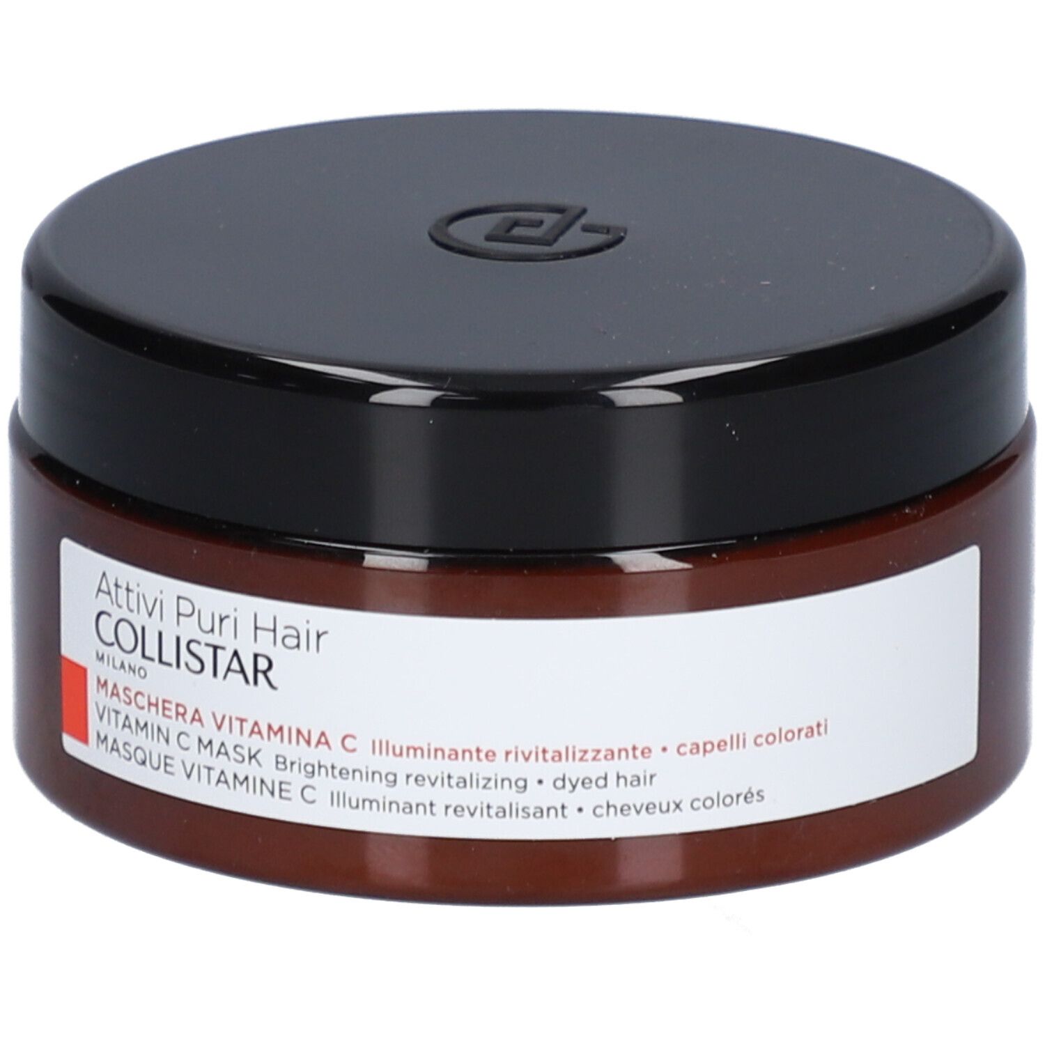 Pot brun avec couvercle noir. Étiquette avec texte: Collistar Masque Vitamin C. Pour cheveux colorés.