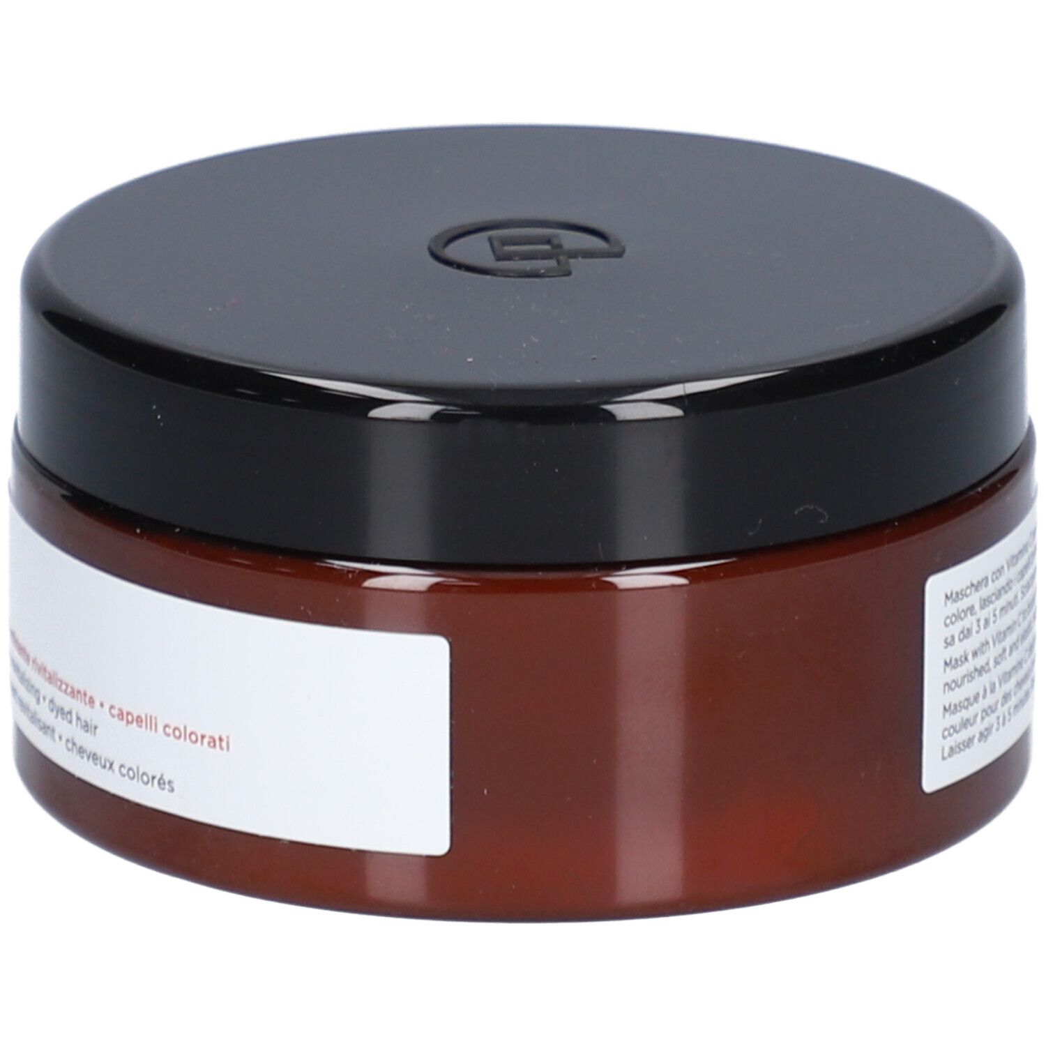 Pot brun avec couvercle noir. Étiquette avec texte: Collistar Masque Vitamin C. Pour cheveux colorés. Dos.