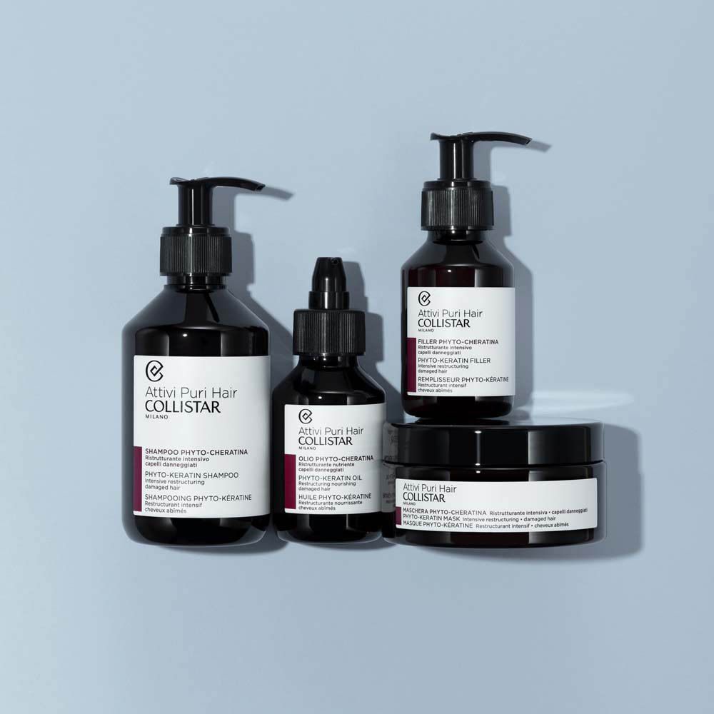 Plusieurs produits Collistar. Flacons et pots. Shampooing Phyto-Kératine, huile, crème.