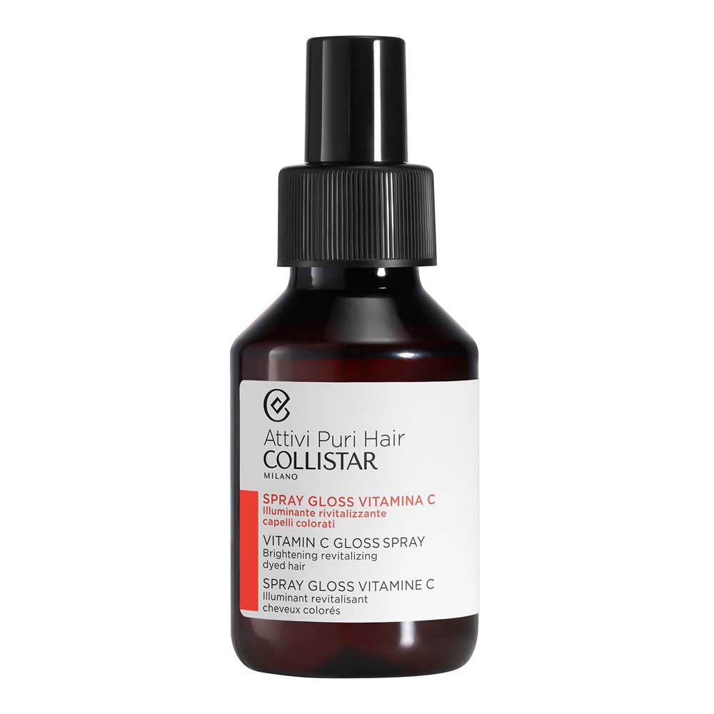 Flacon en verre brun avec vaporisateur noir. Étiquette avec nom du produit et marque : Collistar Spray Gloss Vitamine C.