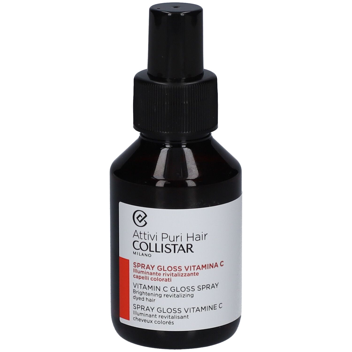 Braune Glasflasche mit schwarzem Sprühkopf. Aufkleber mit Produktnamen und Marke: Collistar Vitamin C Gloss Spray.
