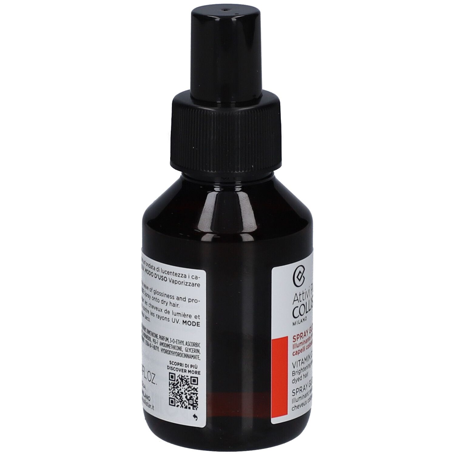 Braune Glasflasche mit schwarzem Sprühkopf. Aufkleber mit Produktinformationen und QR-Code. Marke: Collistar.