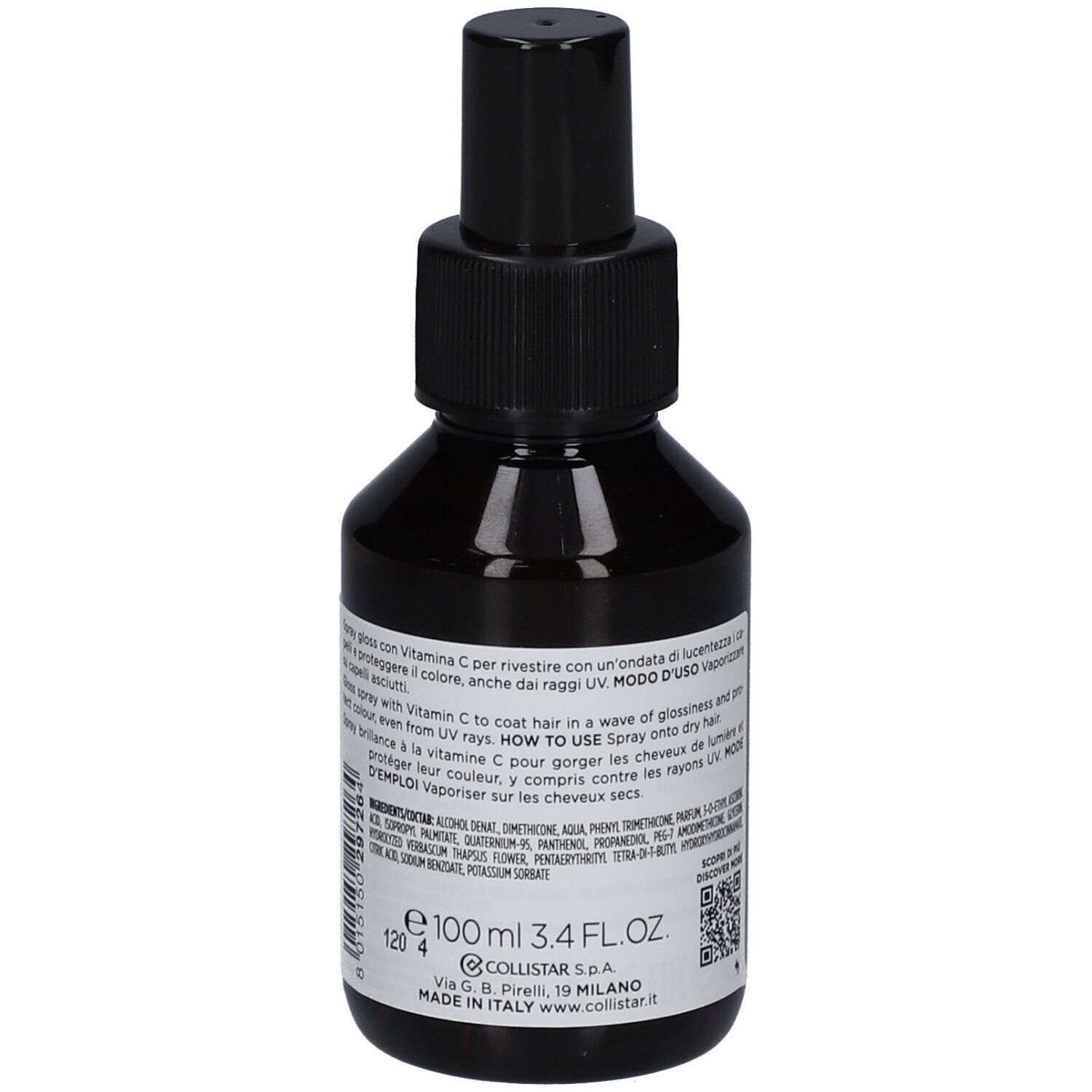 Braune Glasflasche mit schwarzem Sprühkopf. Aufkleber mit Produktinformationen und Inhaltsstoffen. Marke: Collistar.