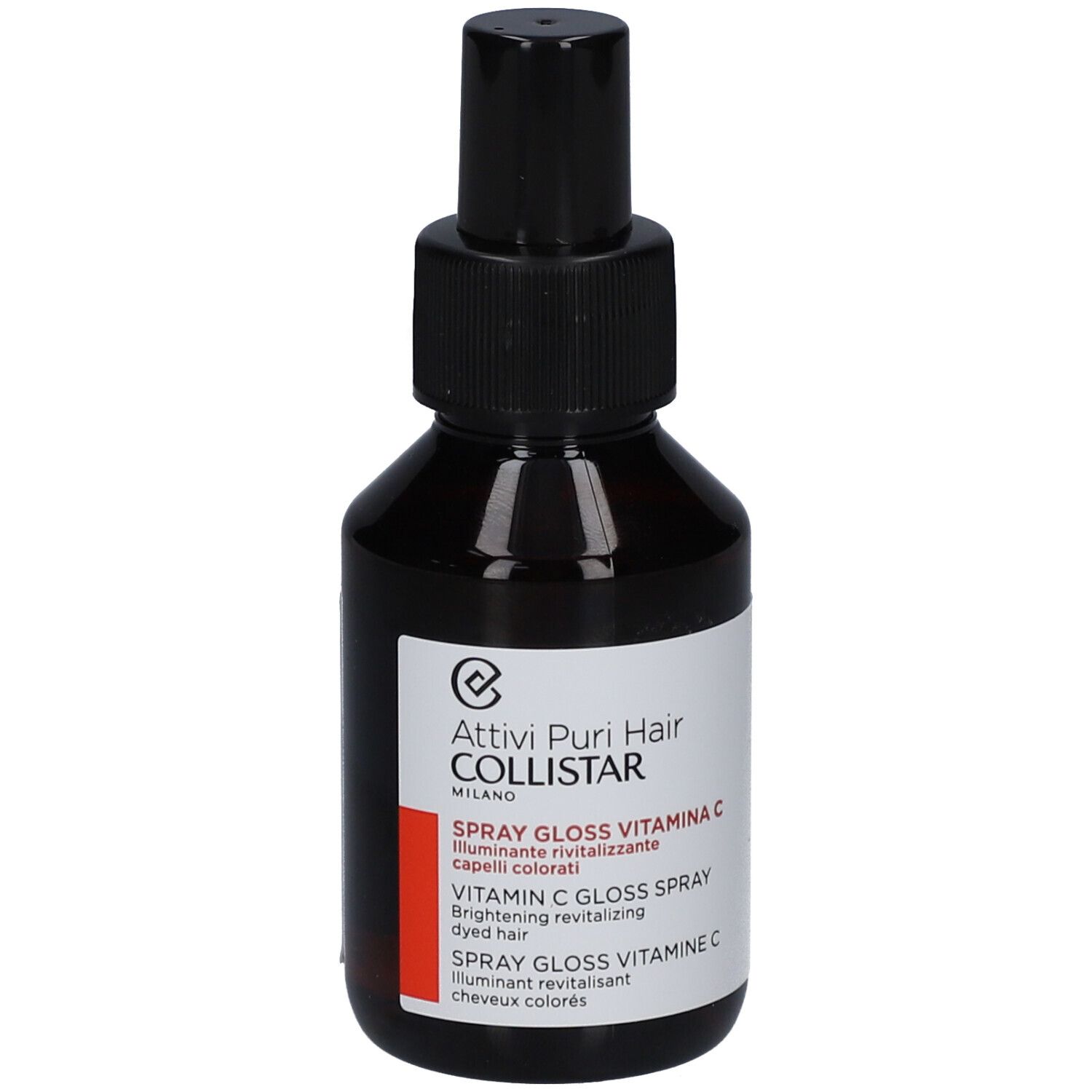 Braune Glasflasche mit schwarzem Sprühkopf. Aufkleber mit Produktnamen und Marke: Collistar Vitamin C Gloss Spray.