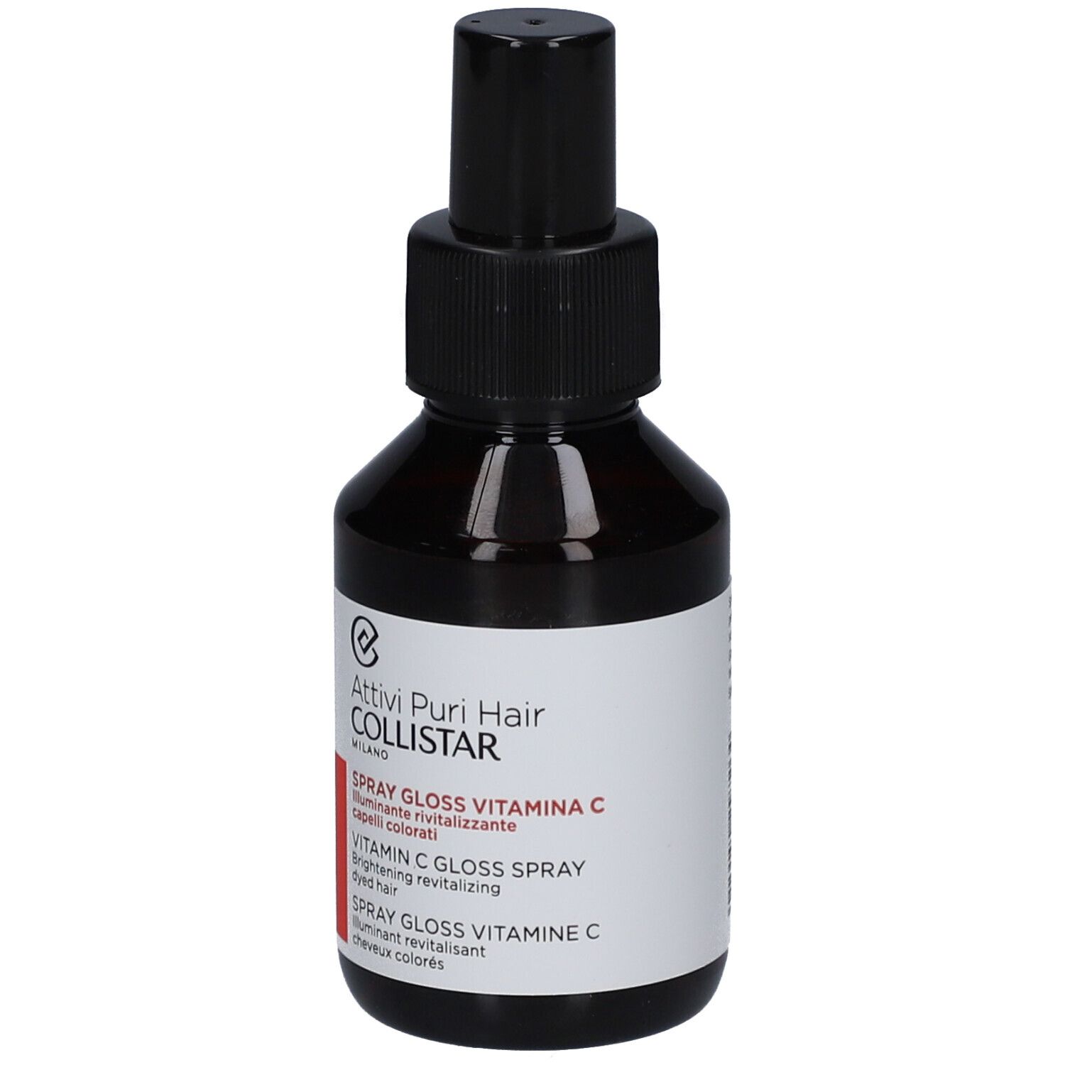 Braune Glasflasche mit schwarzem Sprühkopf. Aufkleber mit Produktnamen und Marke: Collistar Vitamin C Gloss Spray.