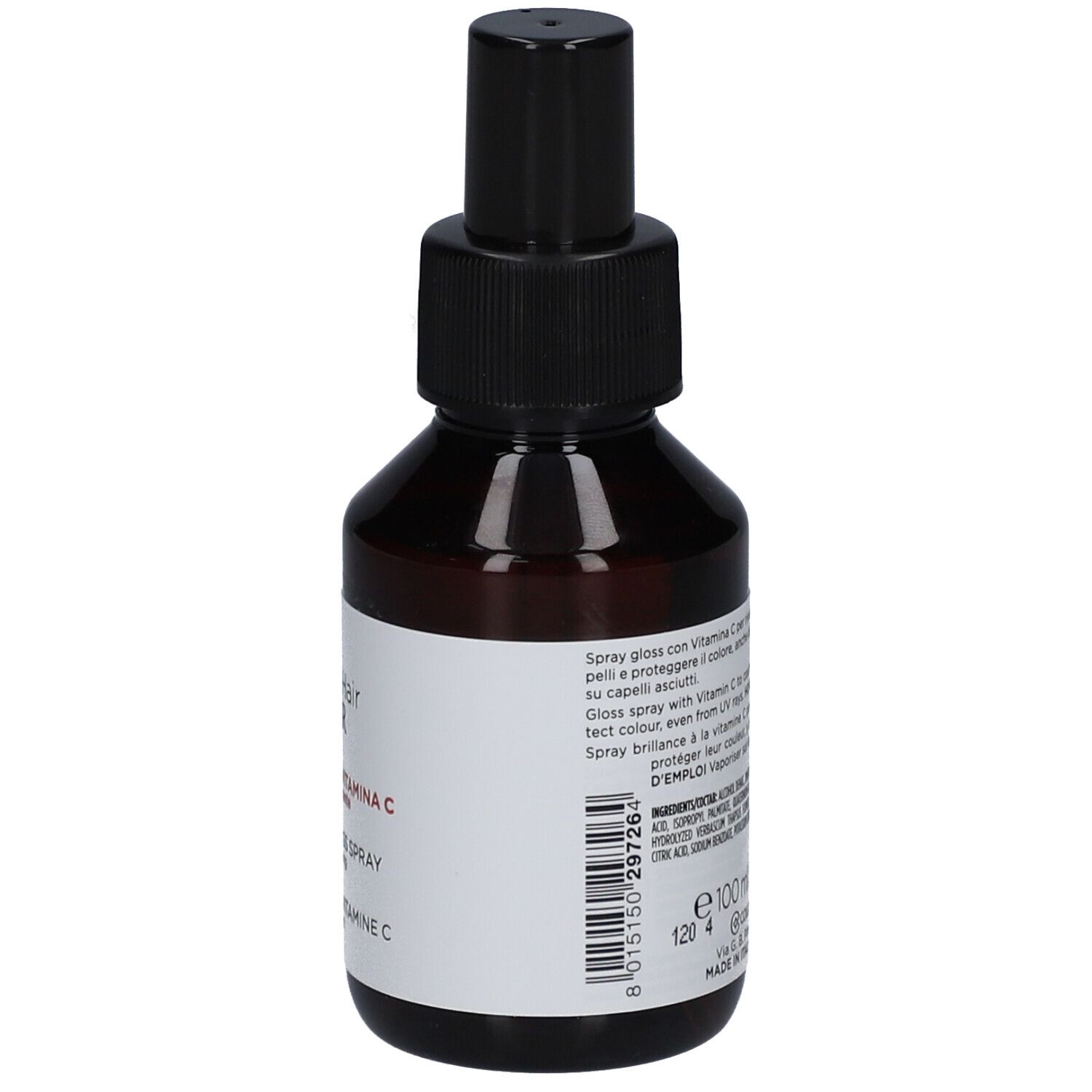 Braune Glasflasche mit schwarzem Sprühkopf. Aufkleber mit Produktinformationen. Marke: Collistar.