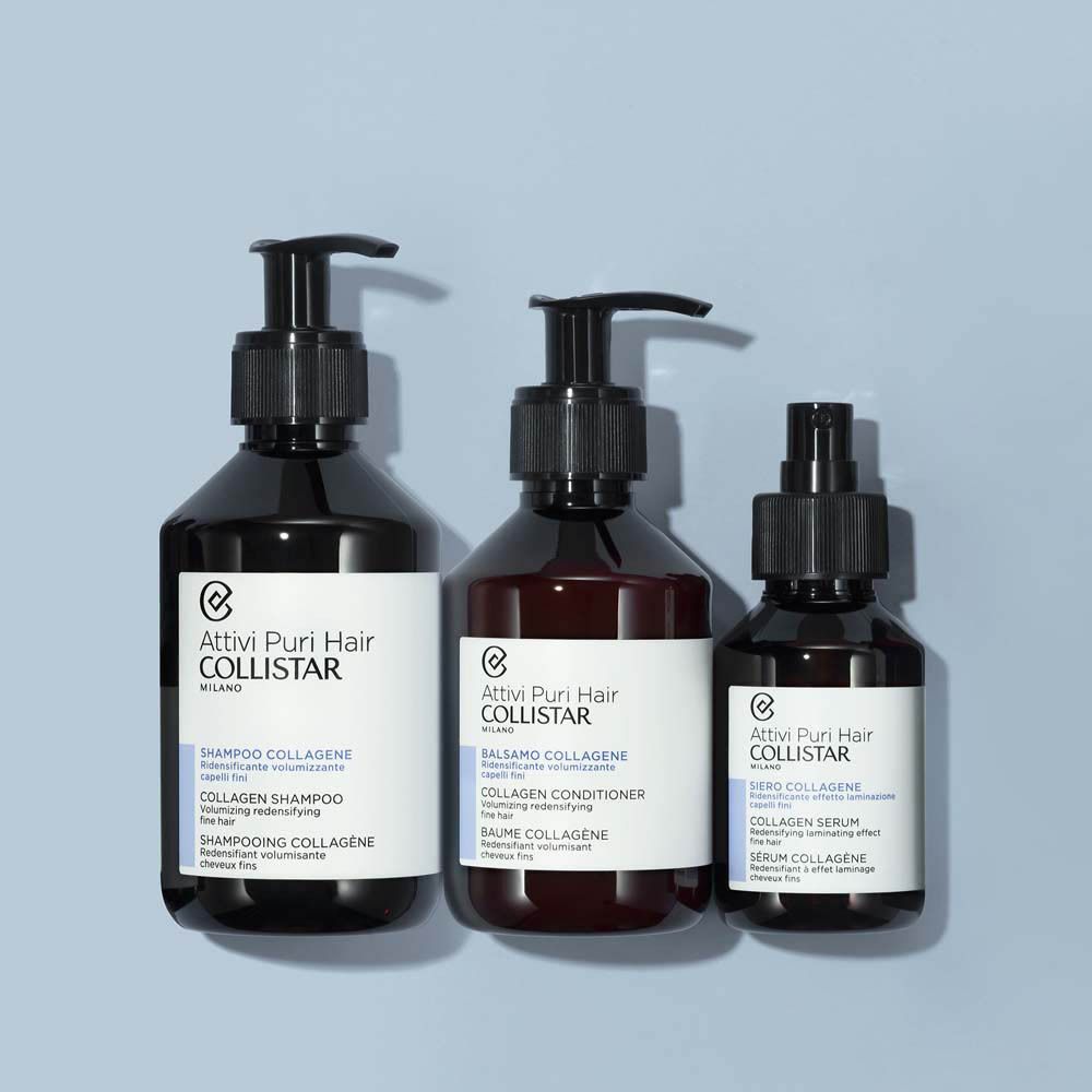 Trois flacons avec bouchon pompe noir. Logo de la marque : Collistar. Produits : Shampooing, Baume, Sérum.