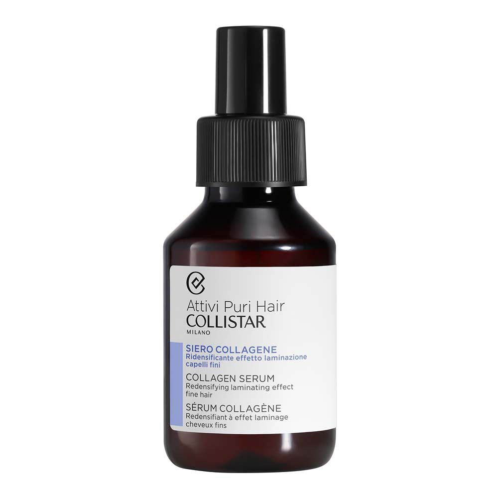 Flacon brun avec vaporisateur noir. Étiquette avec nom du produit et marque: Collistar Sérum Collagène.