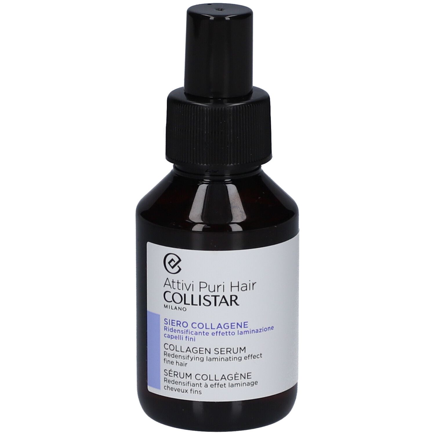 Flacon brun avec vaporisateur noir. Étiquette avec nom du produit et marque: Collistar Sérum Collagène.