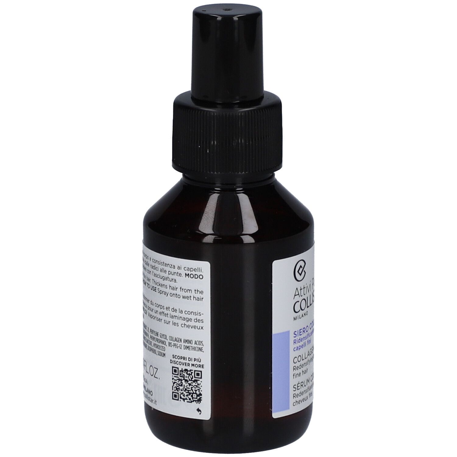 Flacon brun avec vaporisateur noir. Dos avec texte et code QR. Marque: Collistar.