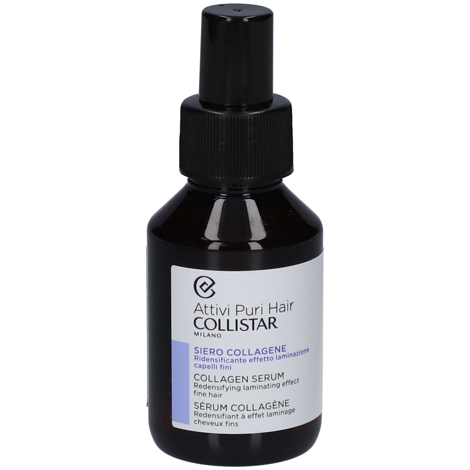 Flacon brun avec vaporisateur noir. Étiquette avec nom du produit et marque: Collistar Sérum Collagène.