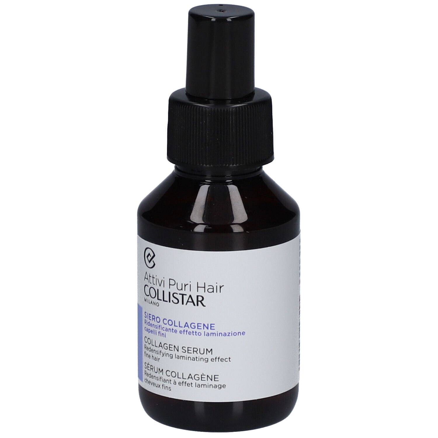 Flacon brun avec vaporisateur noir. Étiquette avec nom du produit et marque: Collistar Sérum Collagène.