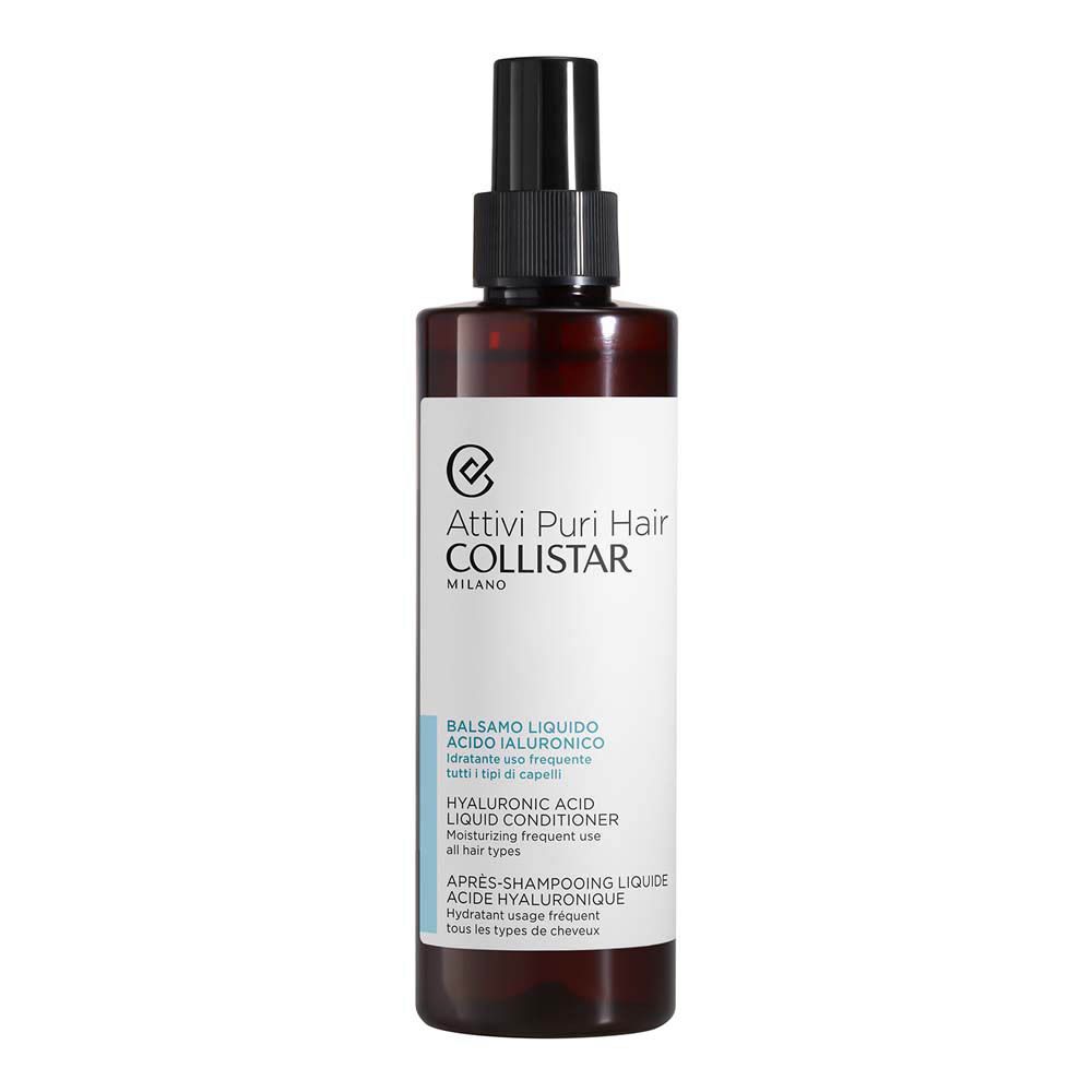 Flacon marron avec vaporisateur noir. Inscriptions : Attivi Puri Hair, Balsamo Liquido, Acido Ialuronico, Hyaluronic Acid Liquid Conditioner.