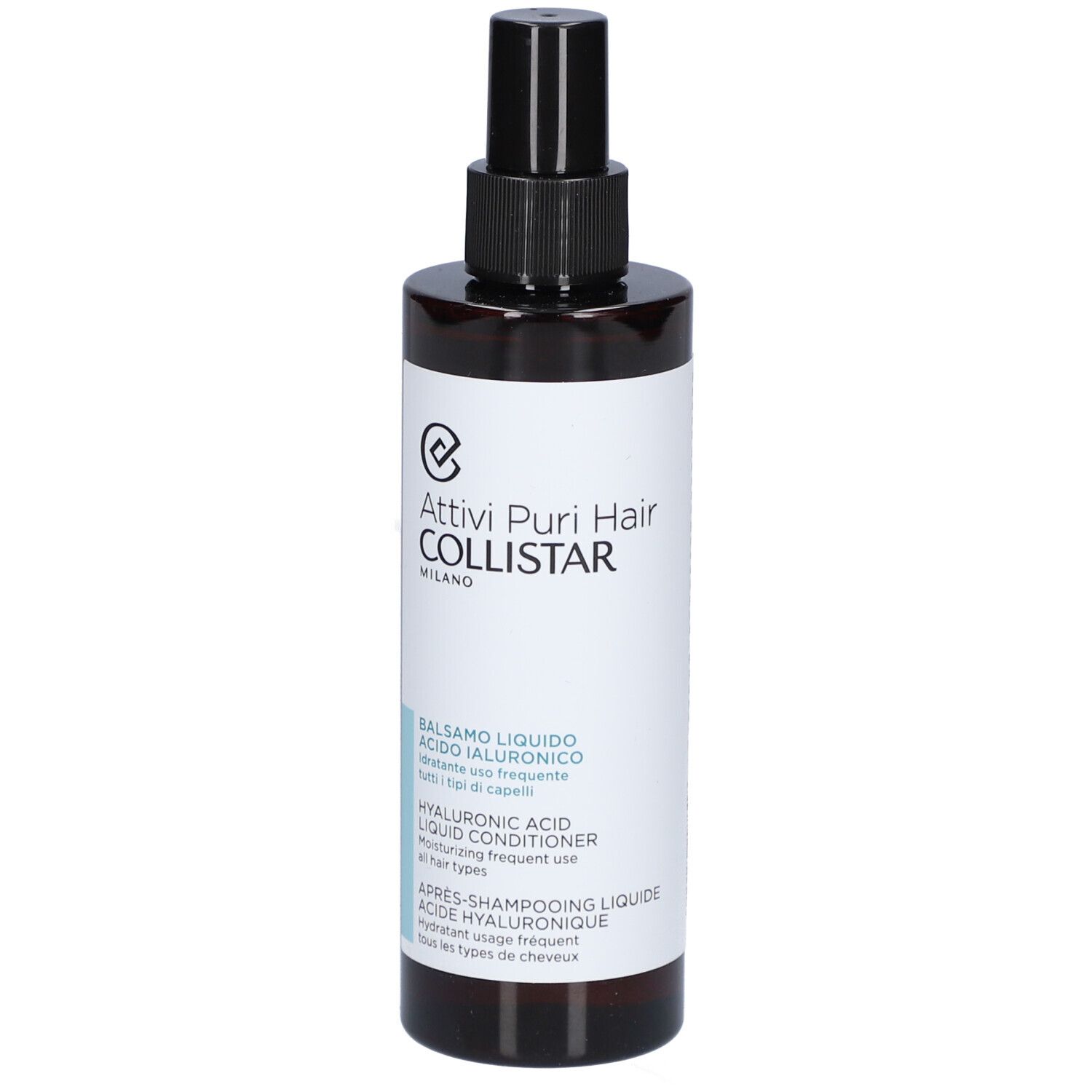 Braune Flasche mit schwarzem Sprühkopf. Aufschrift: Attivi Puri Hair, Balsamo Liquido, Acido Ialuronico, Hyaluronic Acid Liquid Conditioner.