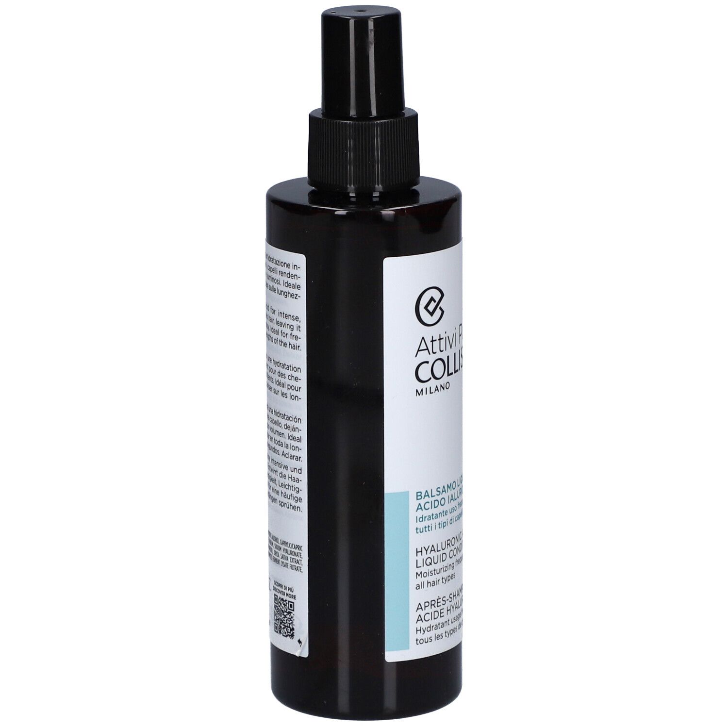 Braune Flasche mit schwarzem Sprühkopf. Aufschrift: Attivi Puri Hair, Balsamo Liquido, Acido Ialuronico, Hyaluronic Acid Liquid Conditioner.