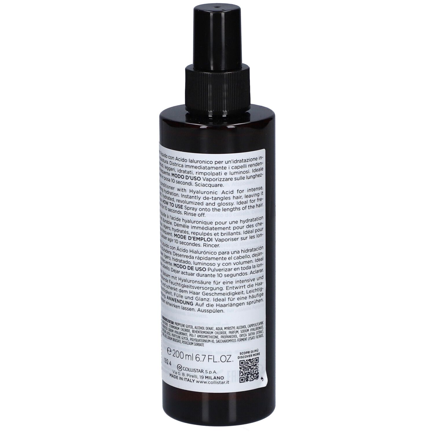 Braune Flasche mit schwarzem Sprühkopf. Aufschrift: Attivi Puri Hair, Balsamo Liquido, Acido Ialuronico, Hyaluronic Acid Liquid Conditioner.