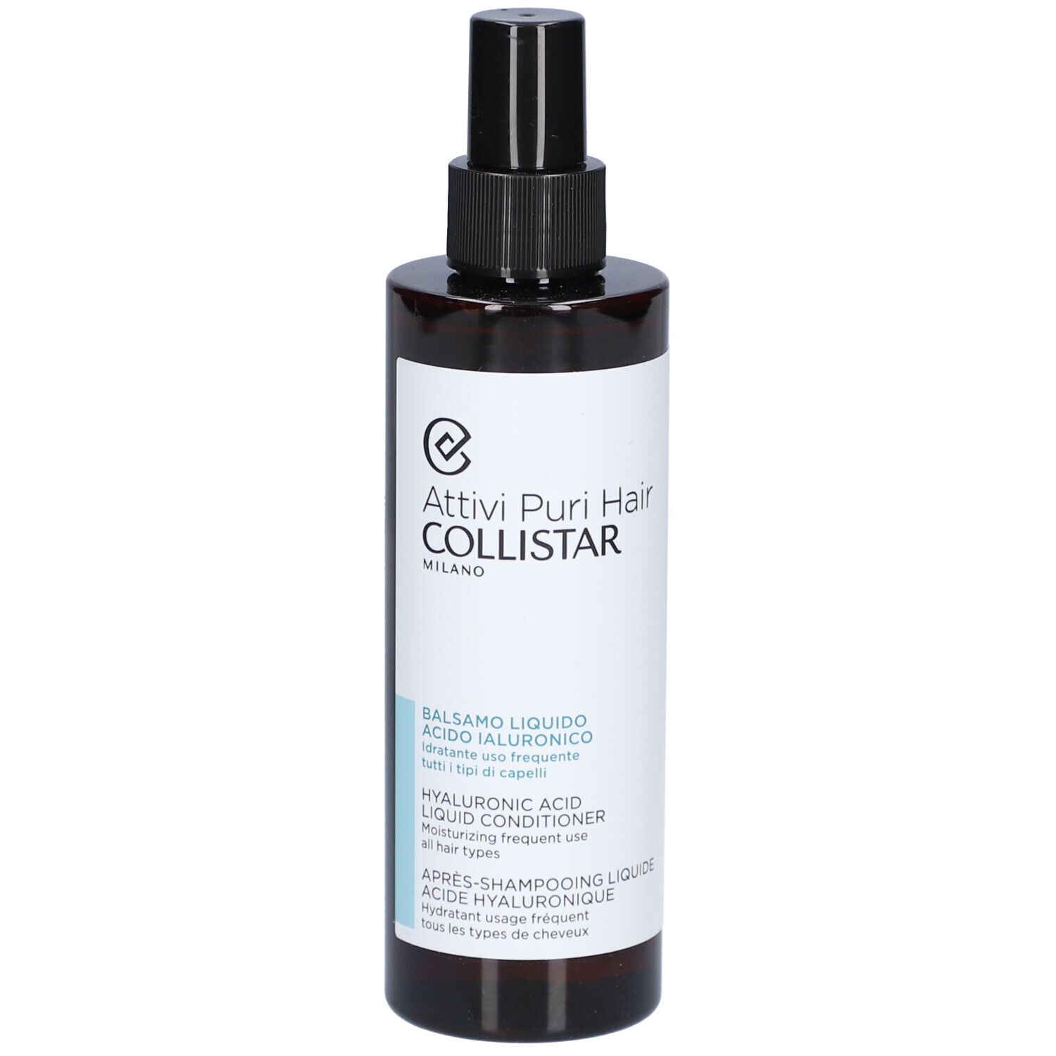 Braune Flasche mit schwarzem Sprühkopf. Aufschrift: Attivi Puri Hair, Balsamo Liquido, Acido Ialuronico, Hyaluronic Acid Liquid Conditioner.