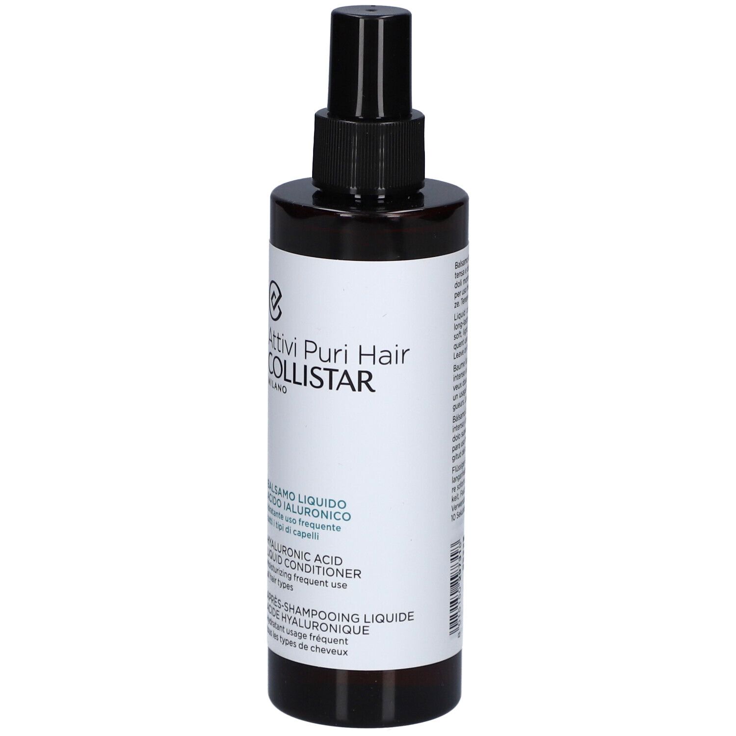 Braune Flasche mit schwarzem Sprühkopf. Aufschrift: Attivi Puri Hair, Balsamo Liquido, Acido Ialuronico, Hyaluronic Acid Liquid Conditioner.