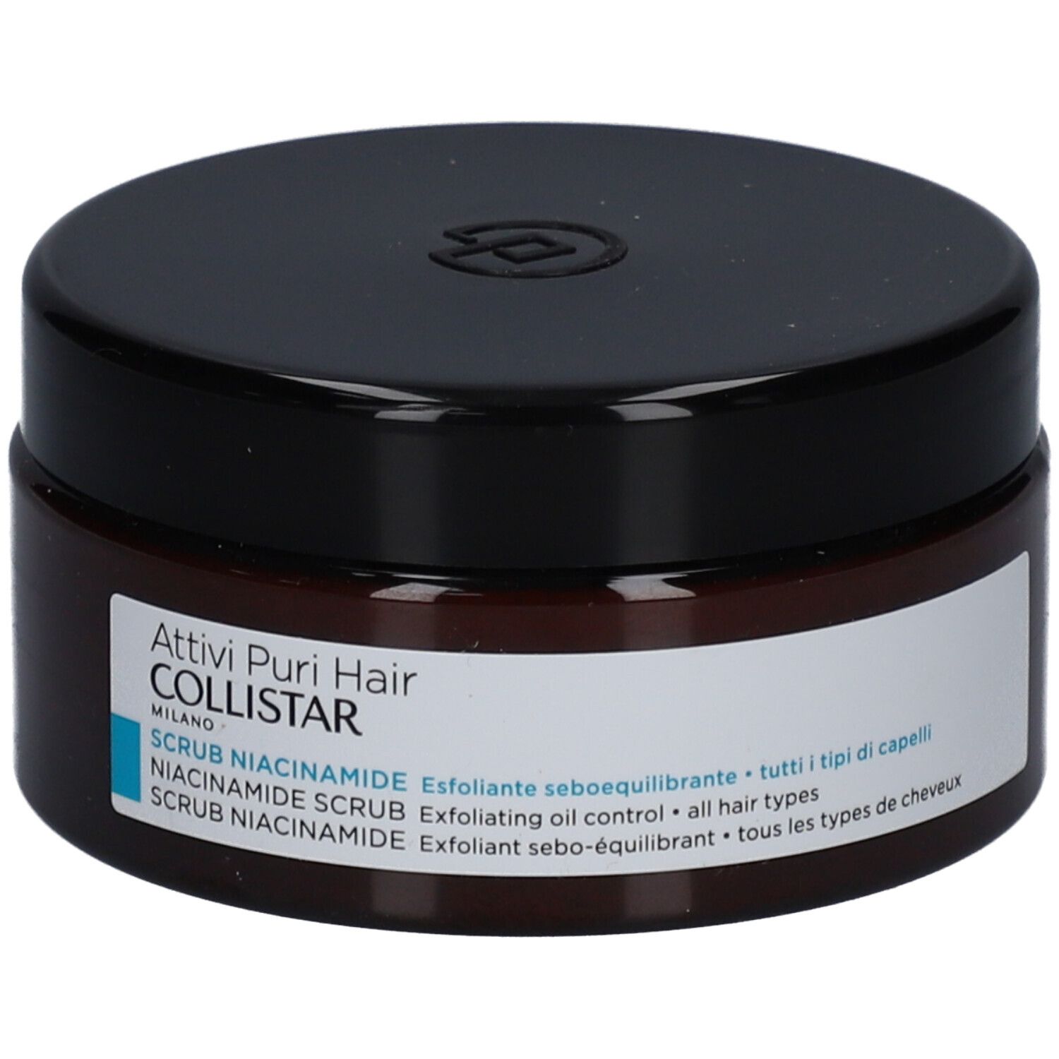 Braune Dose mit schwarzem Deckel. Aufschrift: Collistar Scrub Niacinamide. Für alle Haartypen.