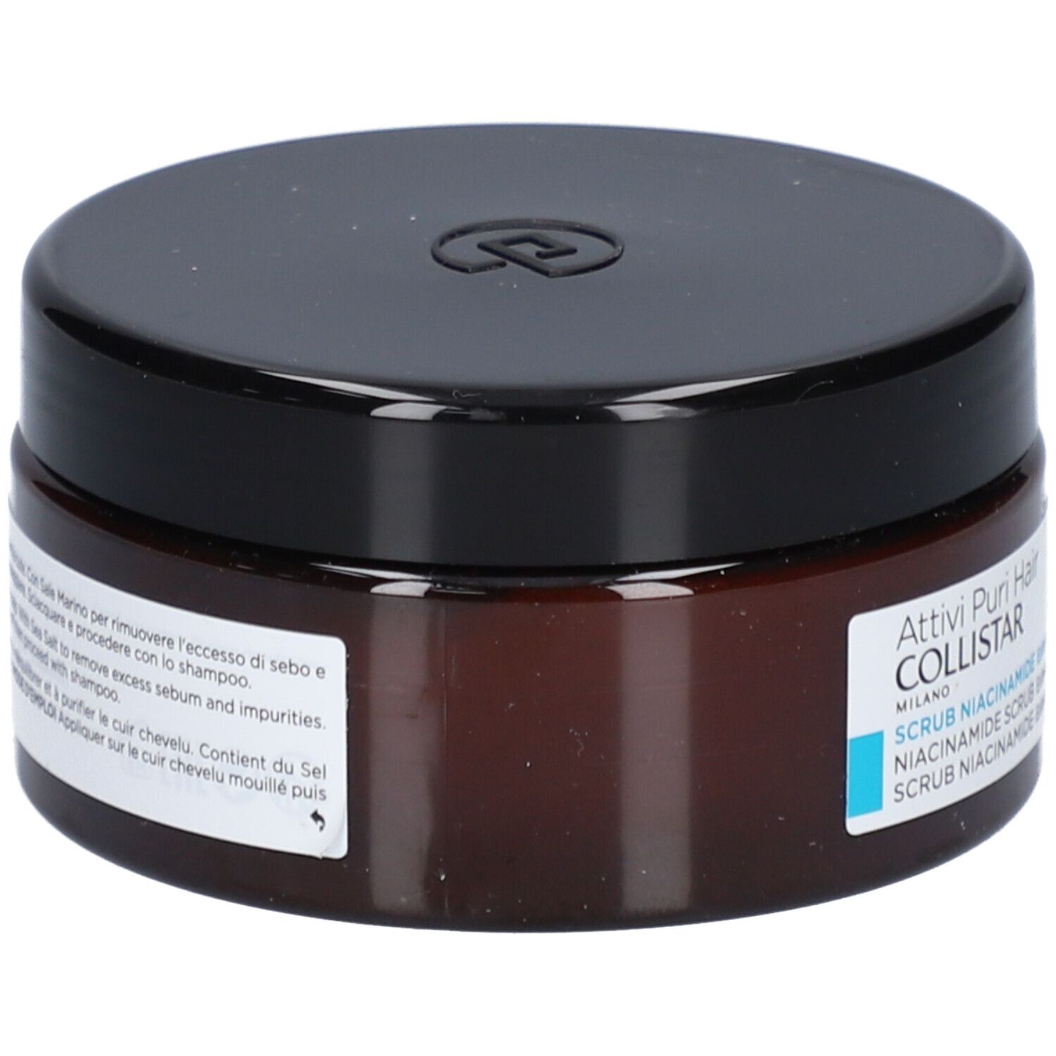 Braune Dose mit schwarzem Deckel. Aufschrift: Collistar Scrub Niacinamide. Mit Text auf Italienisch.