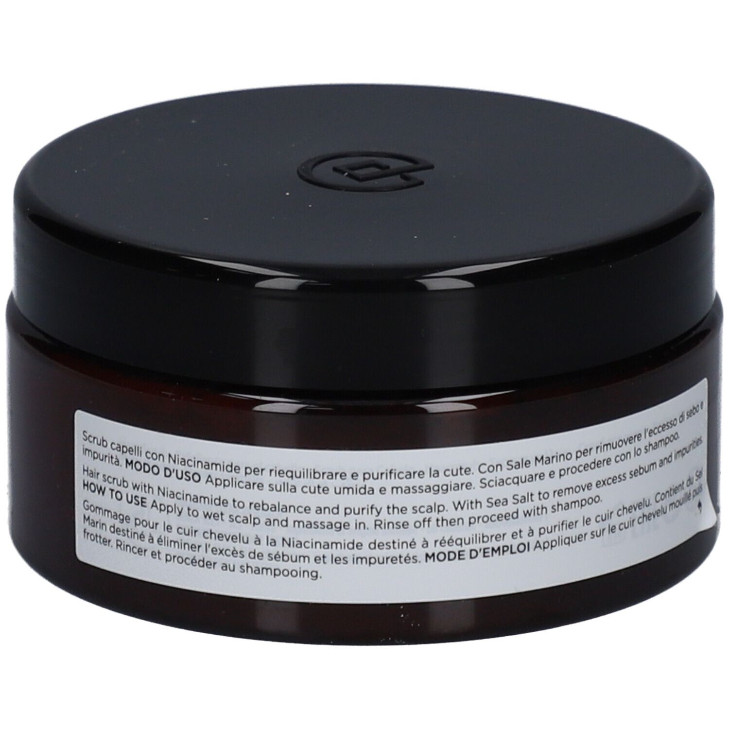 Braune Dose mit schwarzem Deckel. Aufschrift: Collistar Scrub Niacinamide. Mit Text auf Italienisch und Französisch.