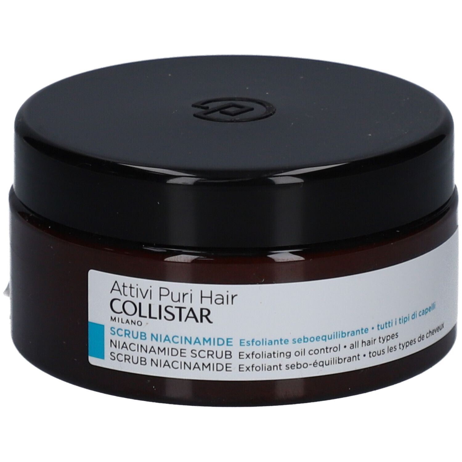 Braune Dose mit schwarzem Deckel. Aufschrift: Collistar Scrub Niacinamide. Für alle Haartypen.