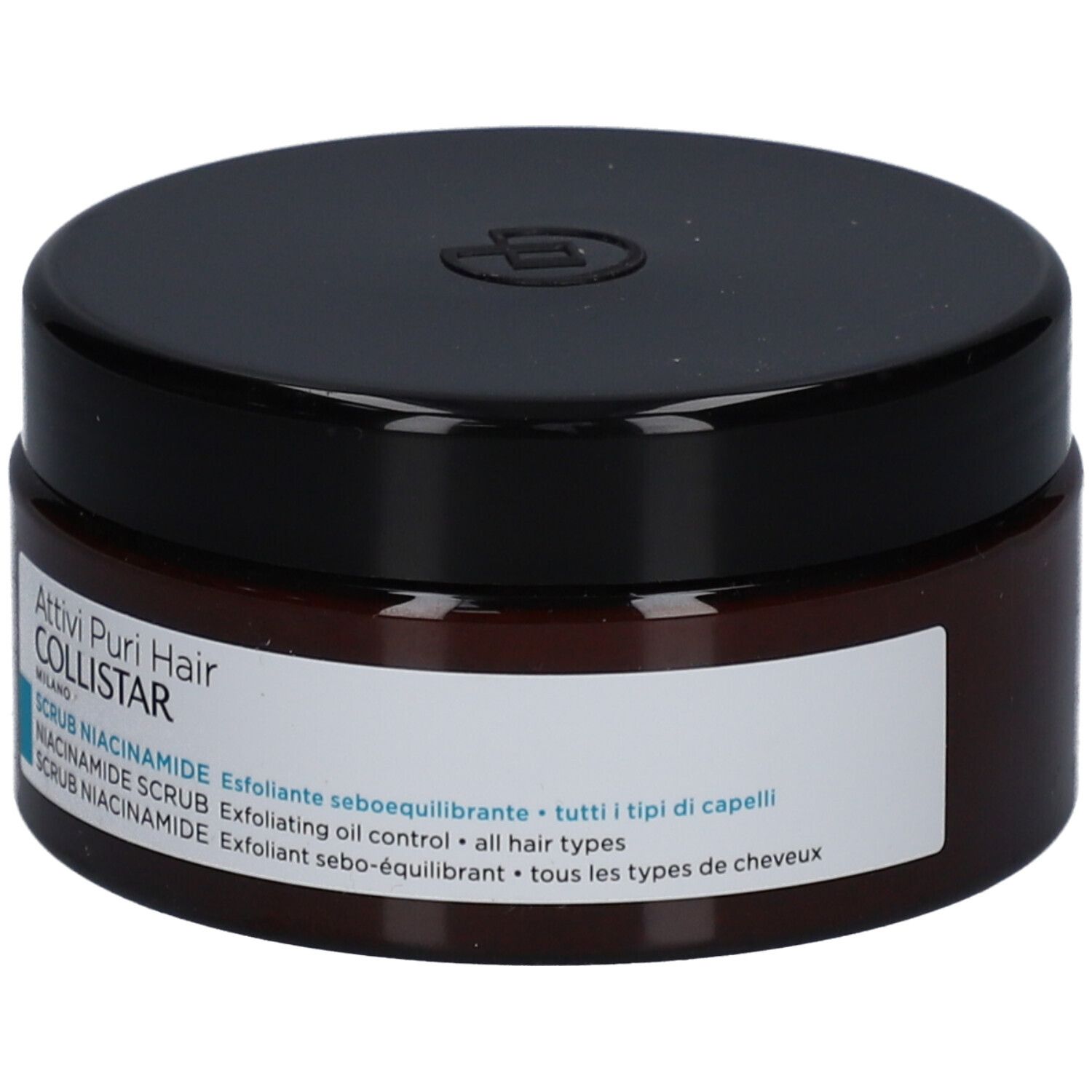 Braune Dose mit schwarzem Deckel. Aufschrift: Collistar Scrub Niacinamide. Für alle Haartypen.