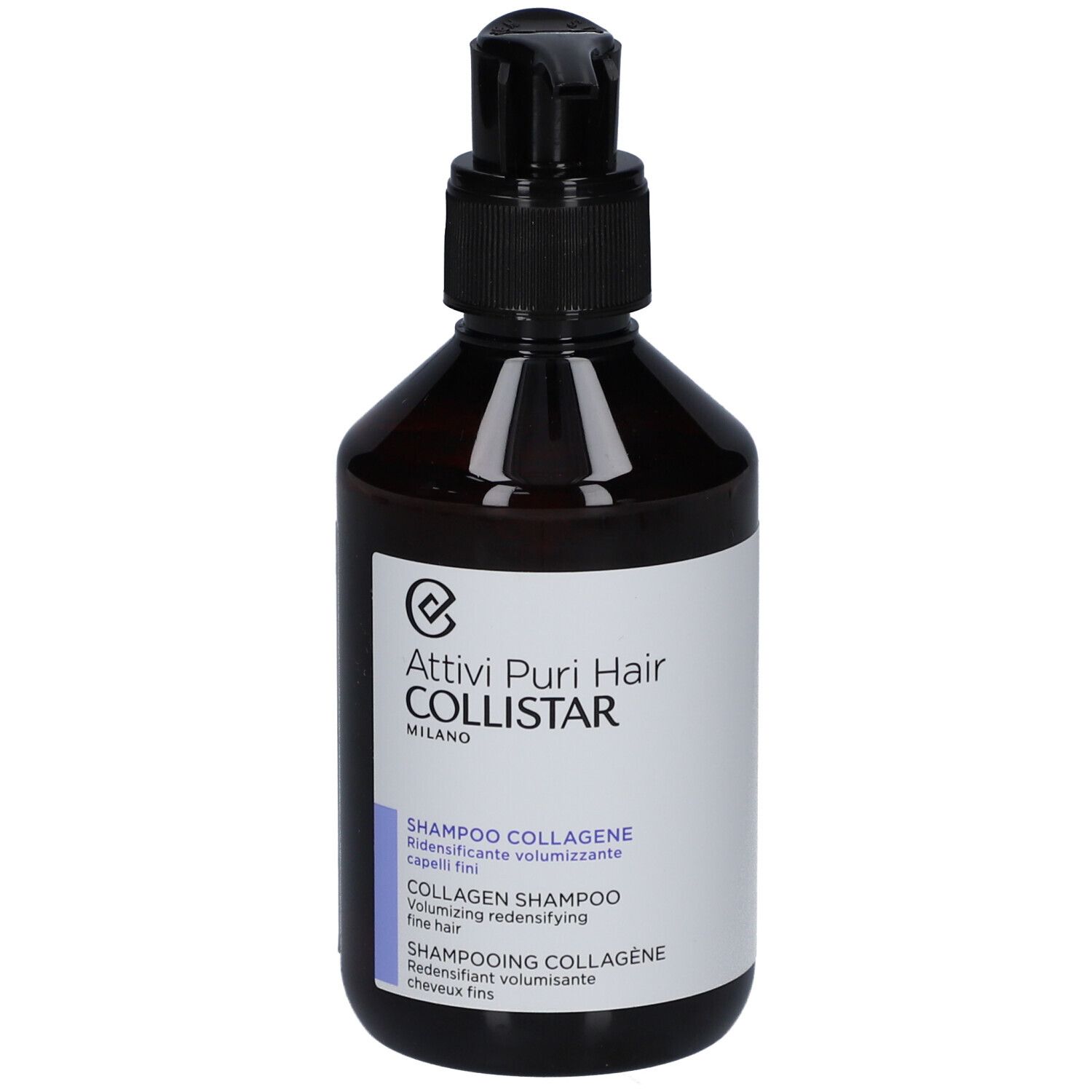 Braune Flasche mit schwarzem Pumpkopf. Aufschrift: Attivi Puri Hair Collistar. Shampoo Collagene.