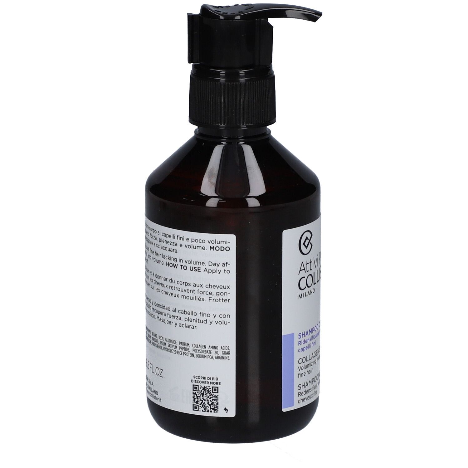Rückseite einer braunen Flasche mit schwarzem Pumpkopf. Text auf weißem Etikett. QR-Code.