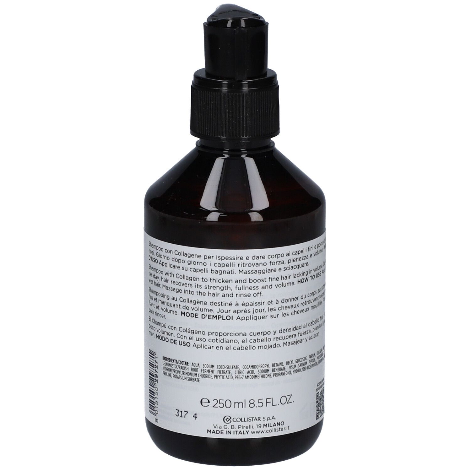 Rückseite einer braunen Flasche mit schwarzem Pumpkopf. Text auf weißem Etikett. 250 ml.