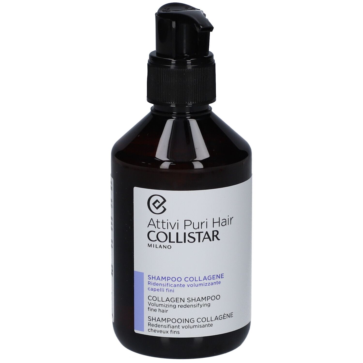 Braune Flasche mit schwarzem Pumpkopf. Aufschrift: Attivi Puri Hair Collistar. Shampoo Collagene.