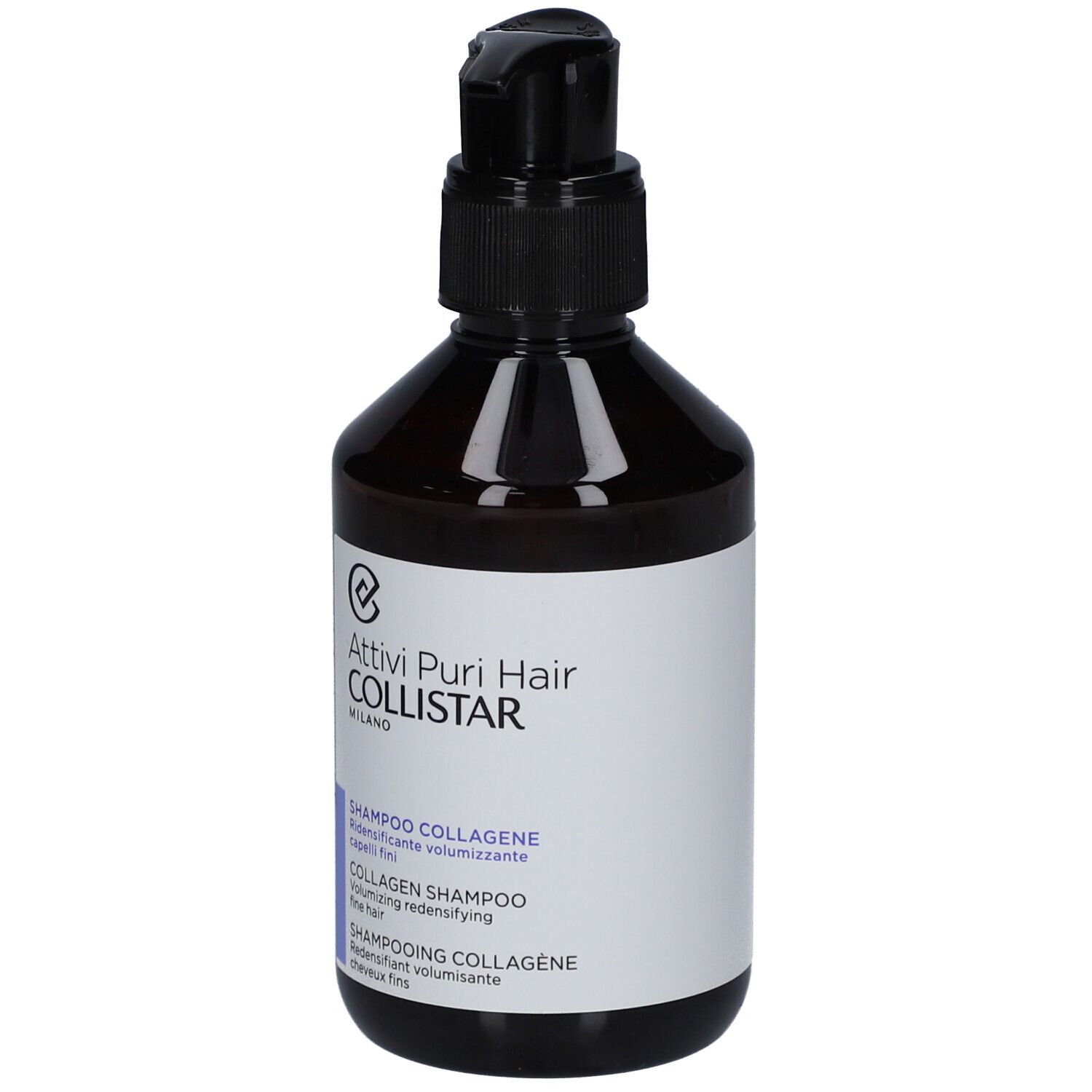 Braune Flasche mit schwarzem Pumpkopf. Aufschrift: Attivi Puri Hair Collistar. Shampoo Collagene.