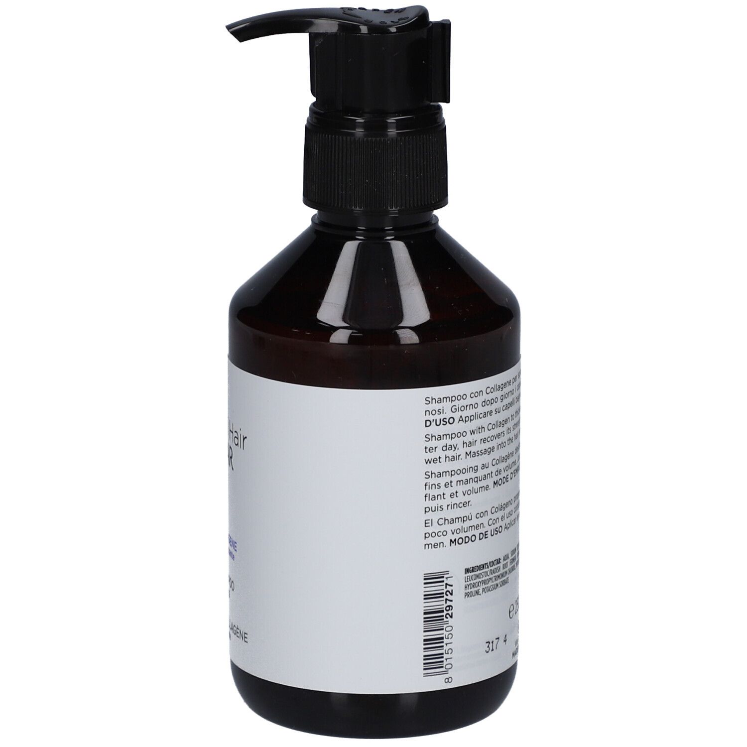 Rückseite einer braunen Flasche mit schwarzem Pumpkopf. Text auf weißem Etikett.