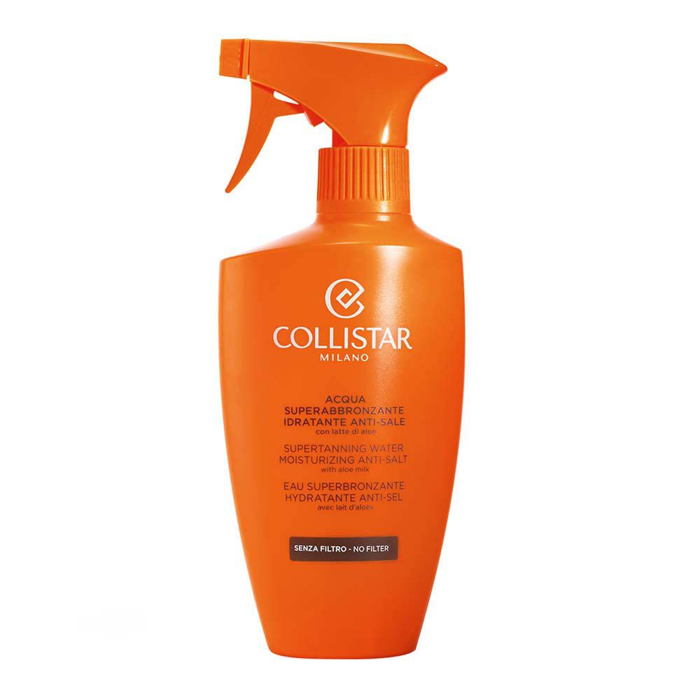 Flacon spray orange. Texte: Collistar, Acqua Superabbronzante, Hydratante Anti-Sale, sans filtre.