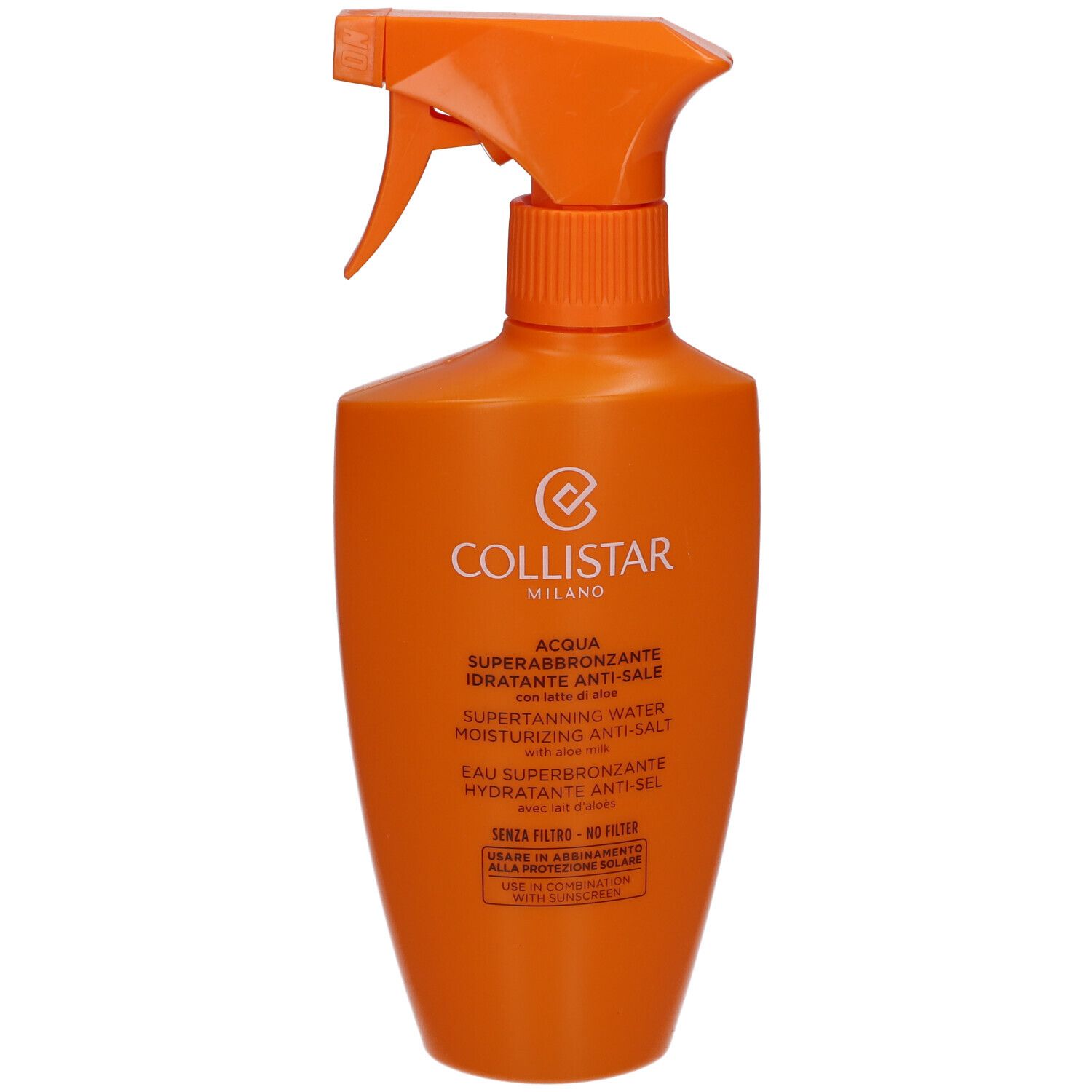 Flacon spray orange. Texte: Collistar, Acqua Superabbronzante, Hydratante Anti-Sale. Sans filtre, anti-sel.