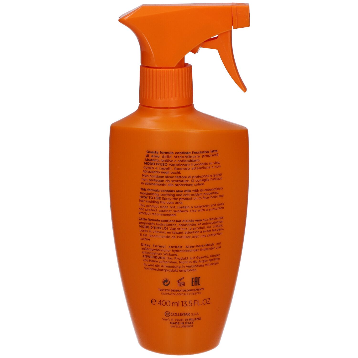 Dos du flacon spray orange. Texte: Collistar, ingrédients, mode d'emploi, avertissements.