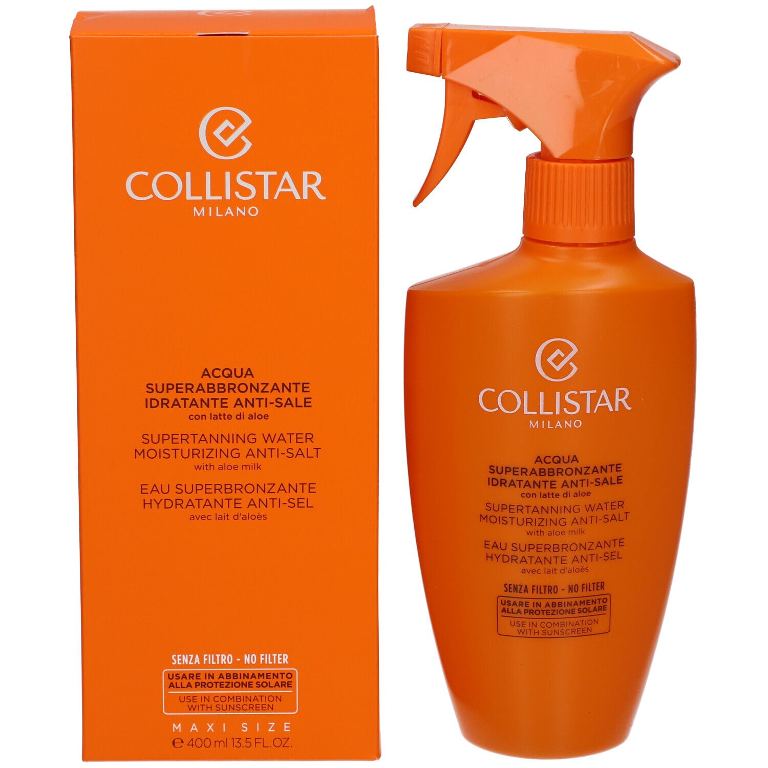 Produit et emballage. Flacon et boîte orange. Texte: Collistar, Acqua Superabbronzante, Hydratante Anti-Sale.