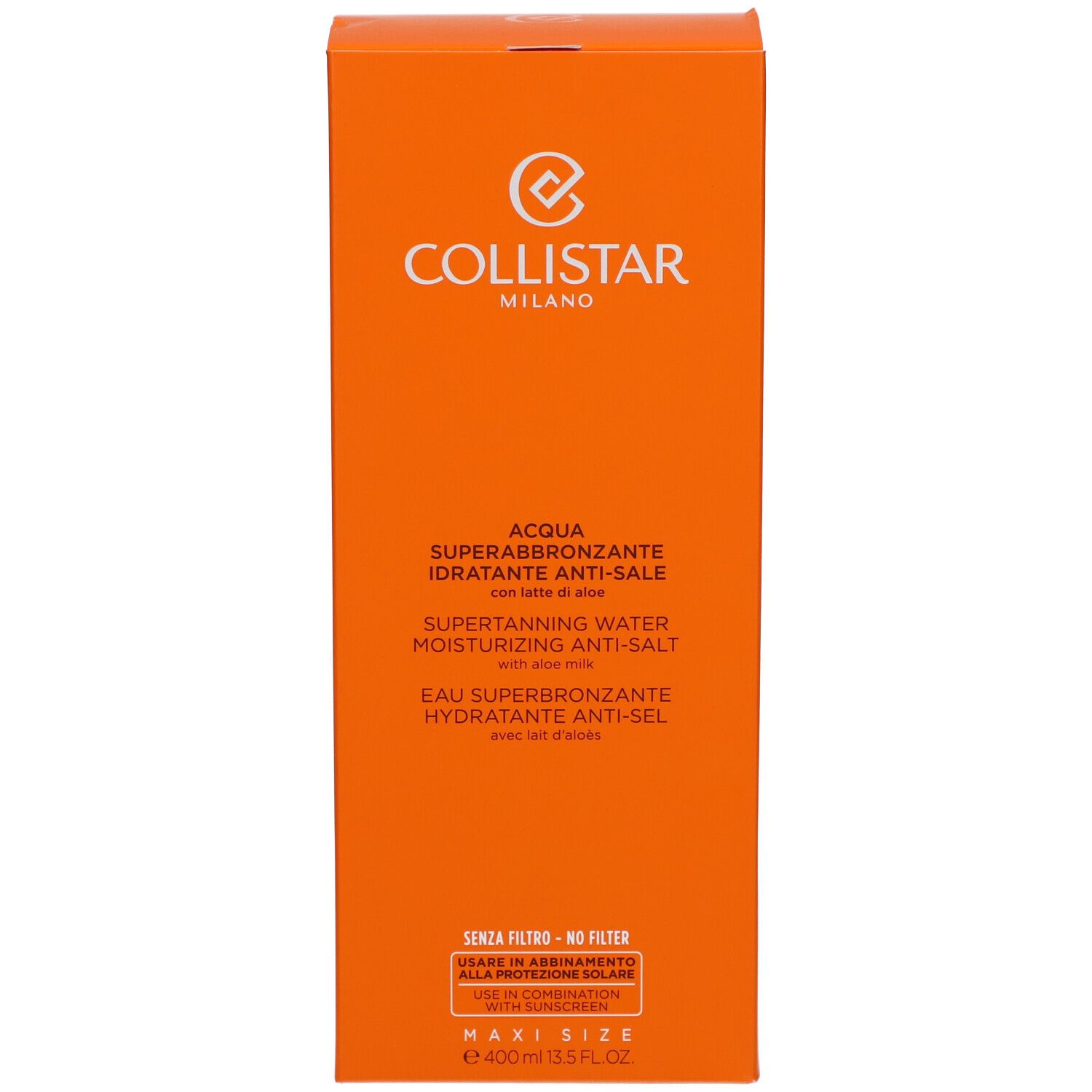 Emballage orange du produit. Texte: Collistar, Acqua Superabbronzante, Hydratante Anti-Sale, Maxi Size.