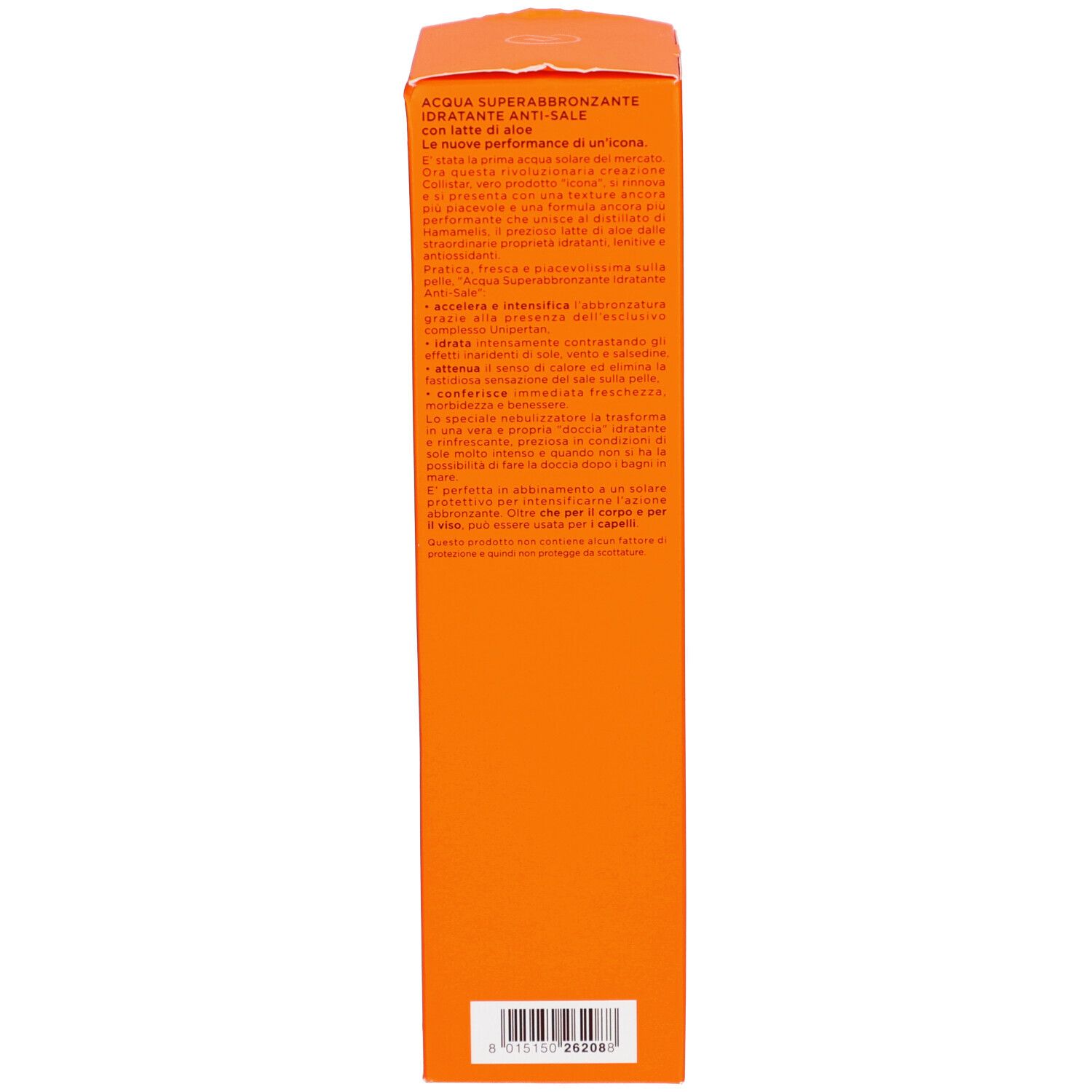 Emballage du produit. Texte: Collistar, Acqua Superabbronzante, Hydratante Anti-Sale, ingrédients, utilisation.