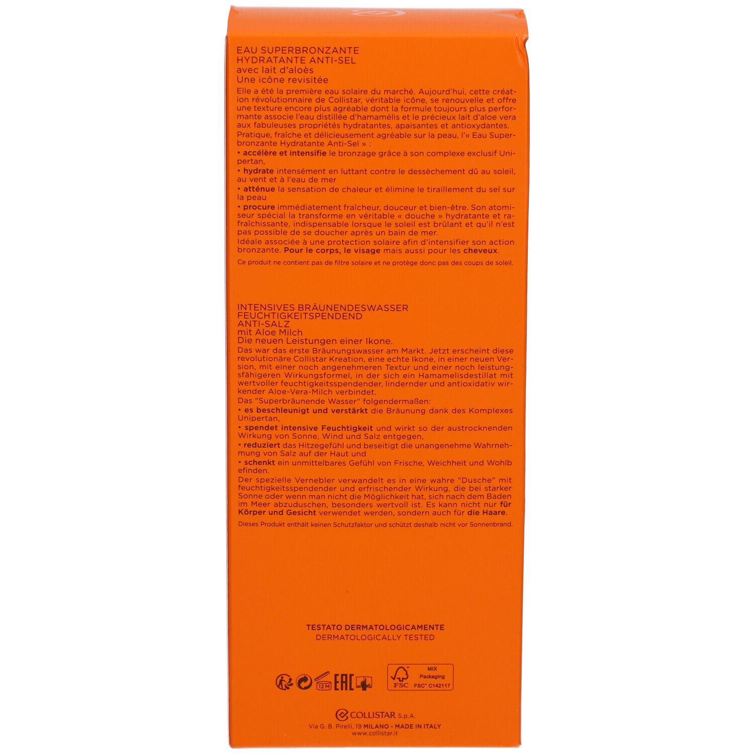Emballage du produit. Texte: Eau Superbronzante Hydratante Anti-Sel, ingrédients, utilisation, testé dermatologiquement.