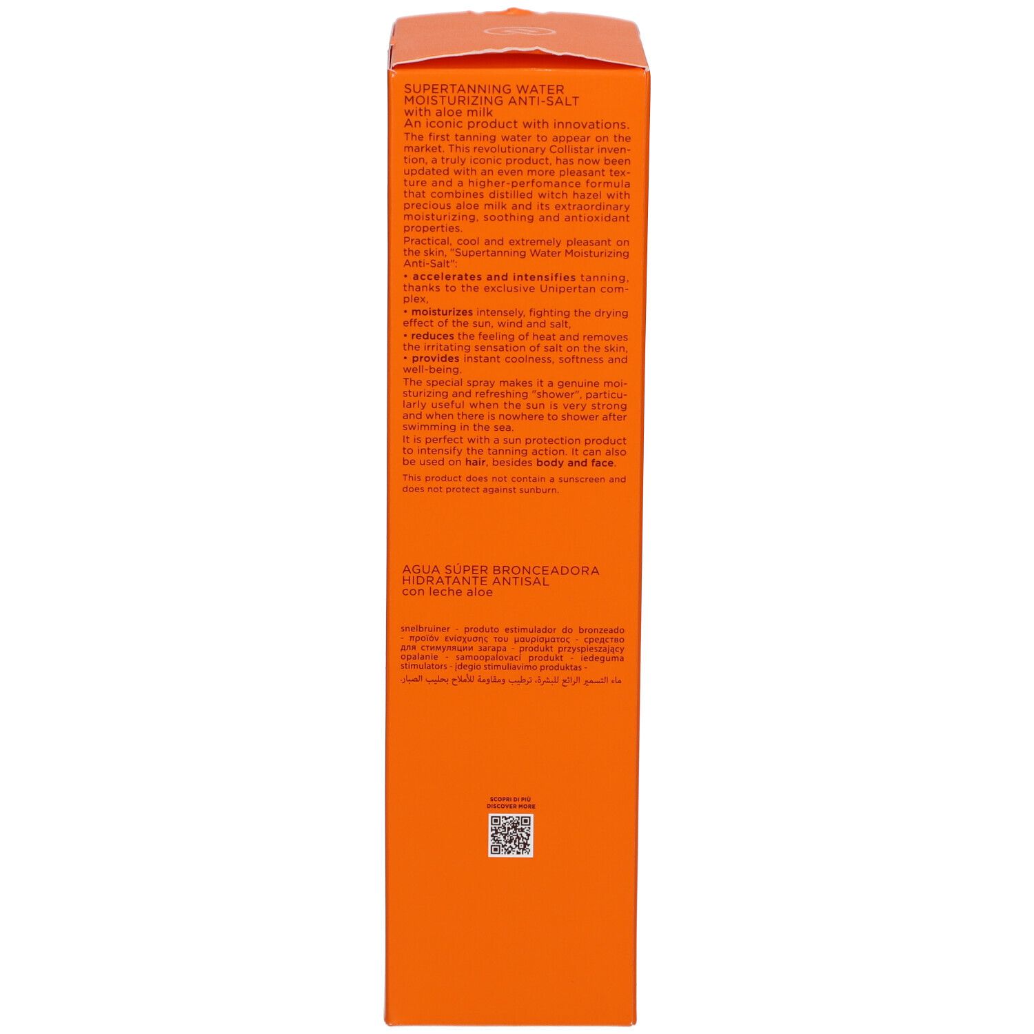 Emballage du produit. Texte: Supertanning Water Moisturizing Anti-Salt, ingrédients, utilisation, code QR.