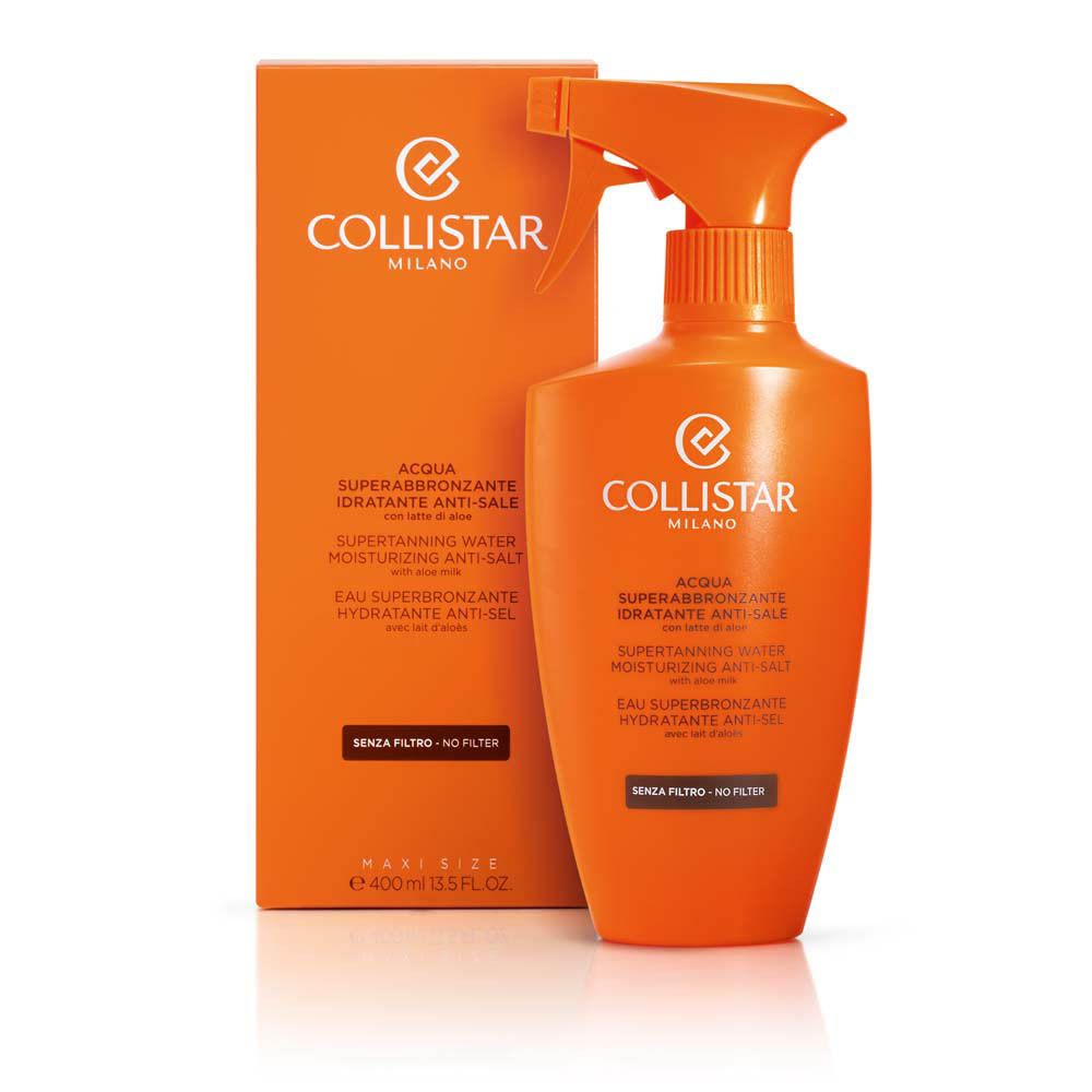 Produit et emballage. Flacon et boîte orange. Texte: Collistar, Acqua Superabbronzante, Hydratante Anti-Sale.
