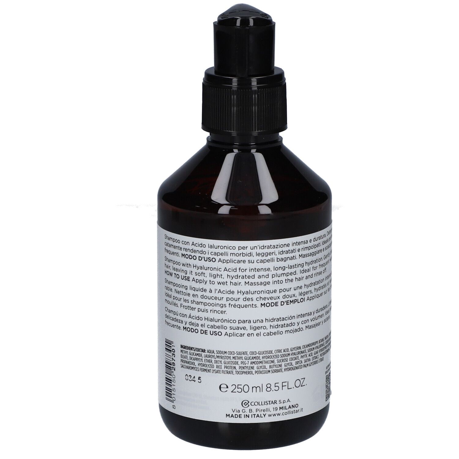 Flacon brun avec pompe noire. Inscriptions et texte en italien. Volume : 250 ml.