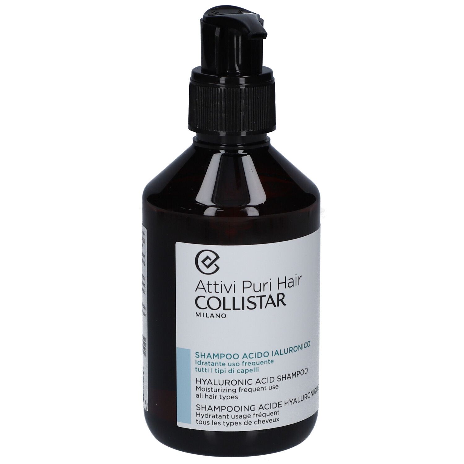 Flacon brun avec pompe noire. Inscription : Attivi Puri Hair Collistar, Shampooing Acide Hyaluronique.