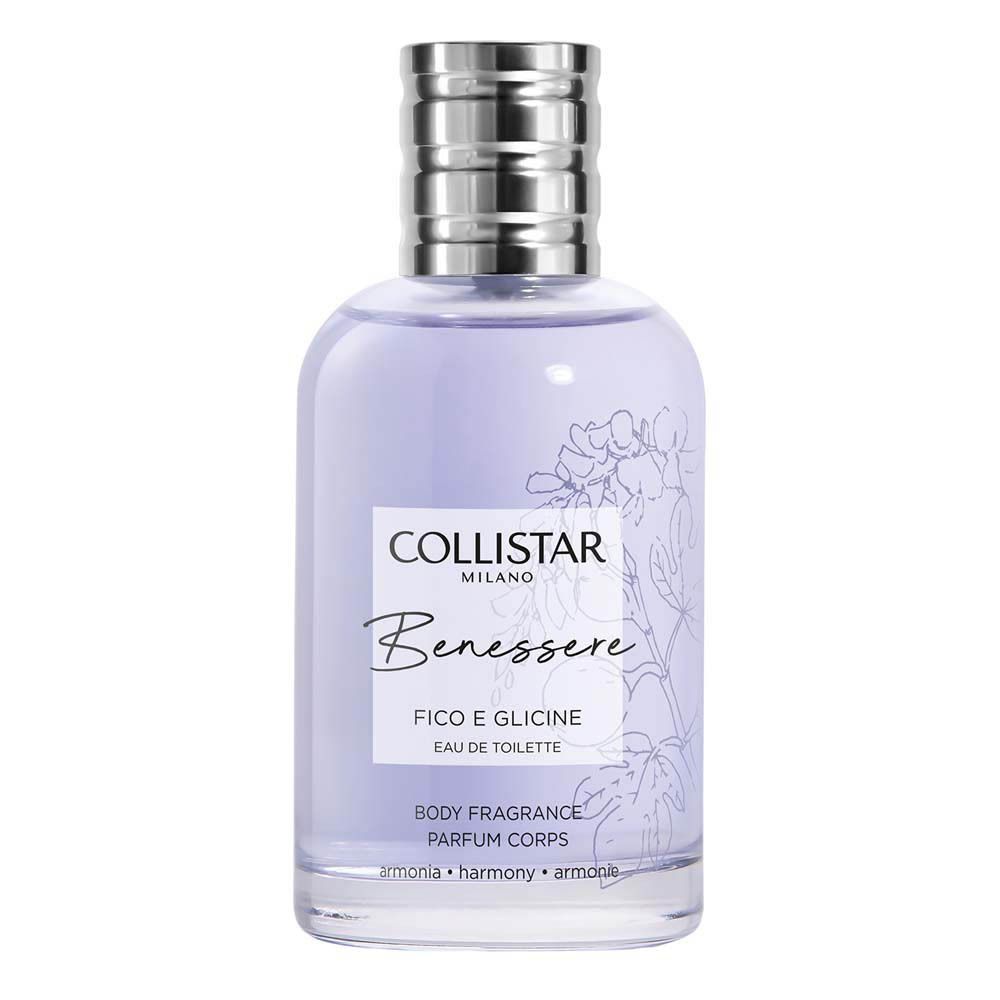 Flacon en verre, liquide lilas. Texte: Collistar, Benessere, Fico e Glicine, Eau de Toilette. Bouchon argenté.